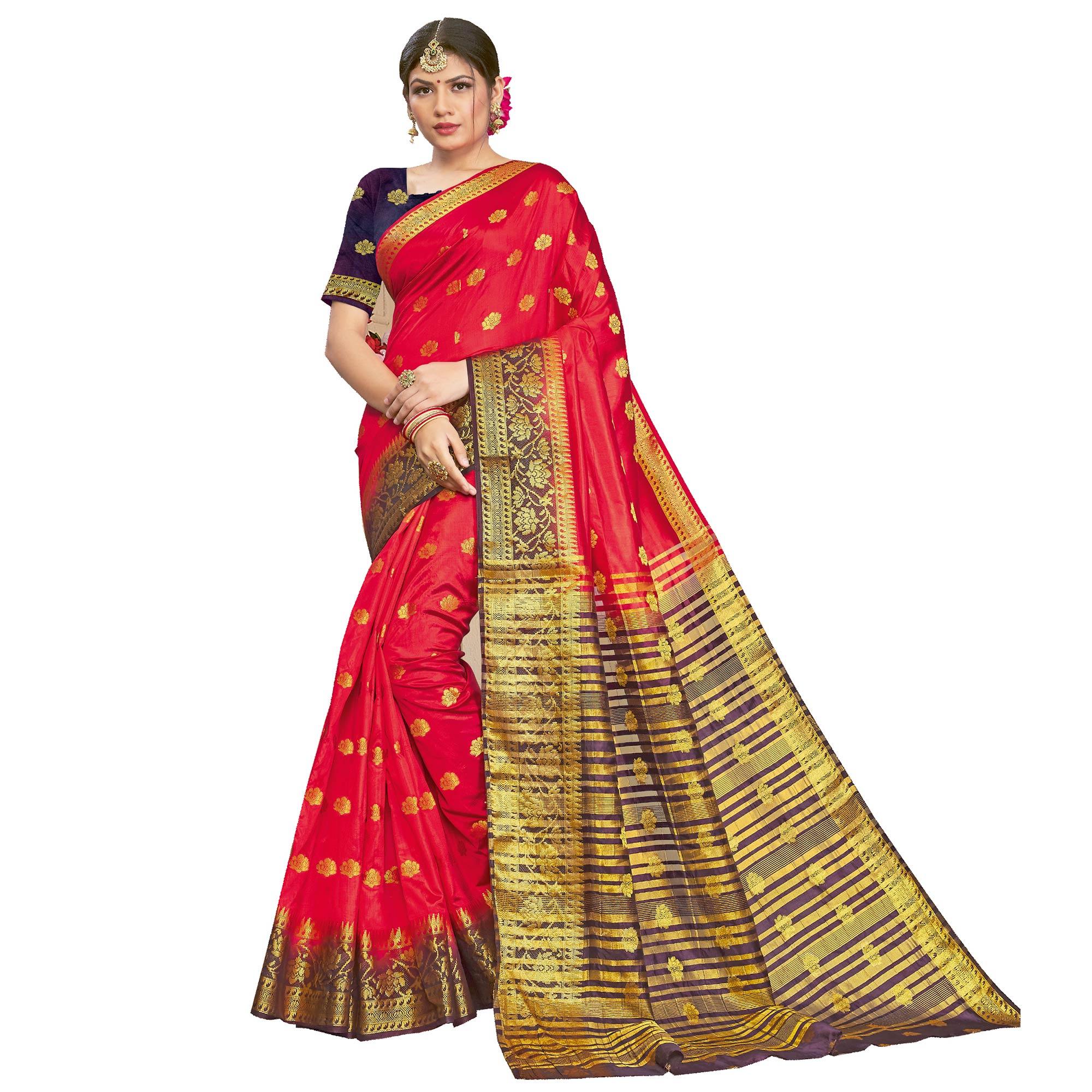 Pink Festive Wear Woven Silk Saree - Peachmode