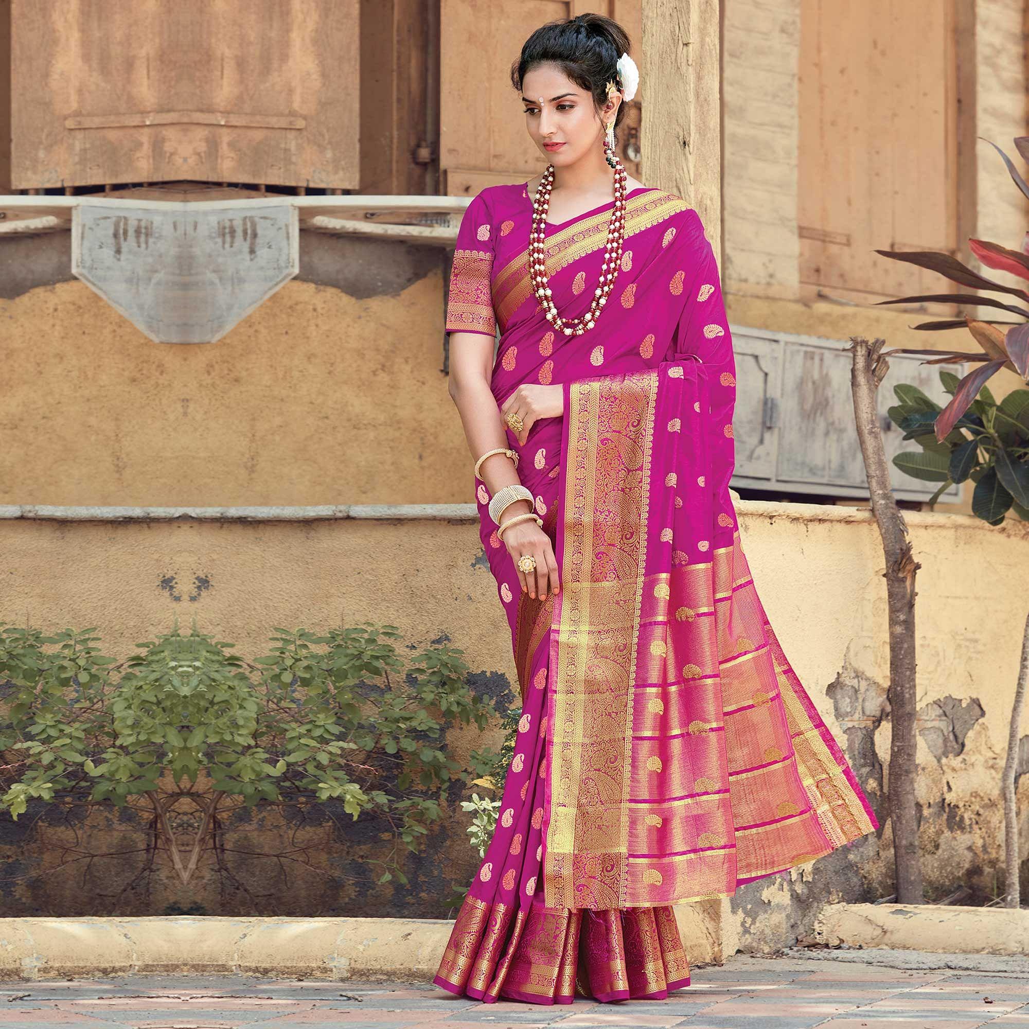 Pink Festive Wear Woven Silk Saree - Peachmode