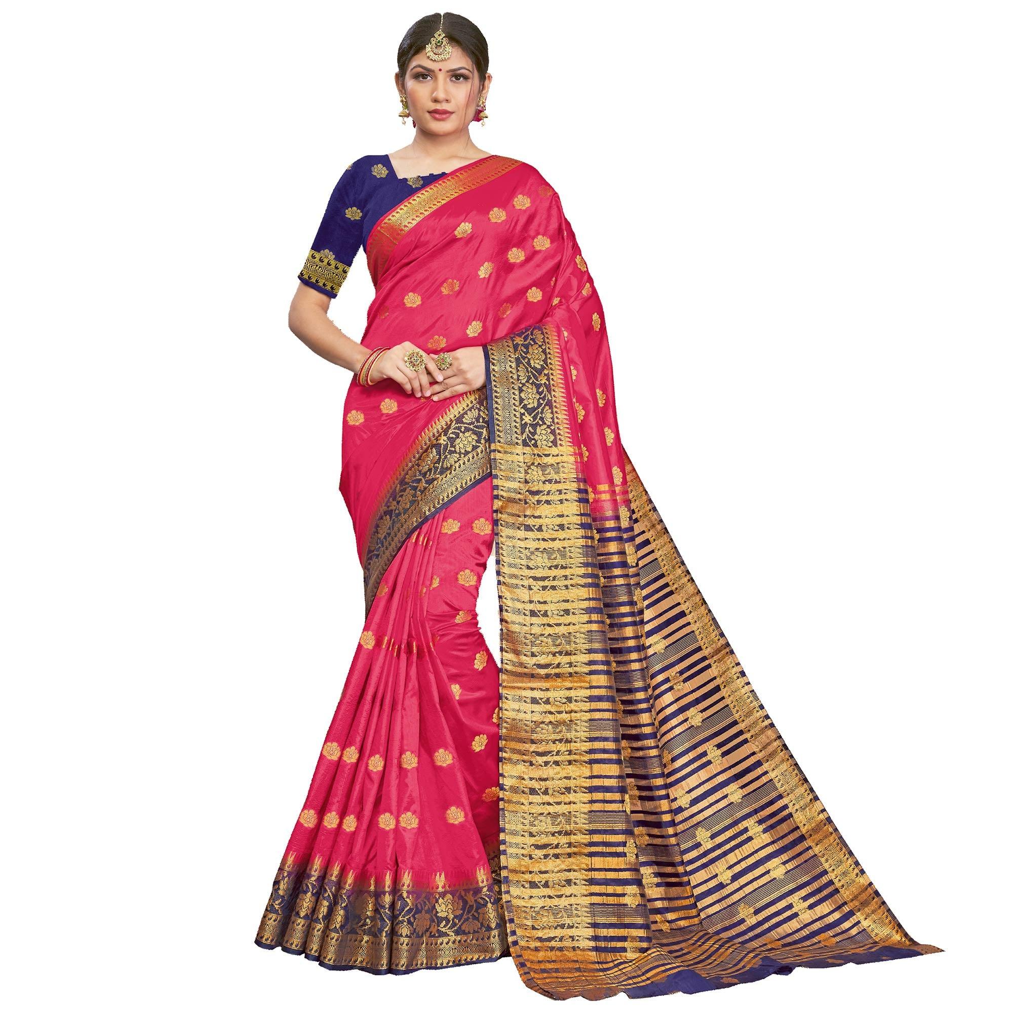 Pink Festive Wear Woven Silk Saree - Peachmode