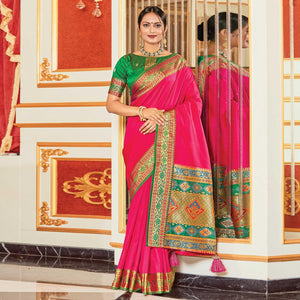 Pink Festive Wear Woven Silk Saree - Peachmode
