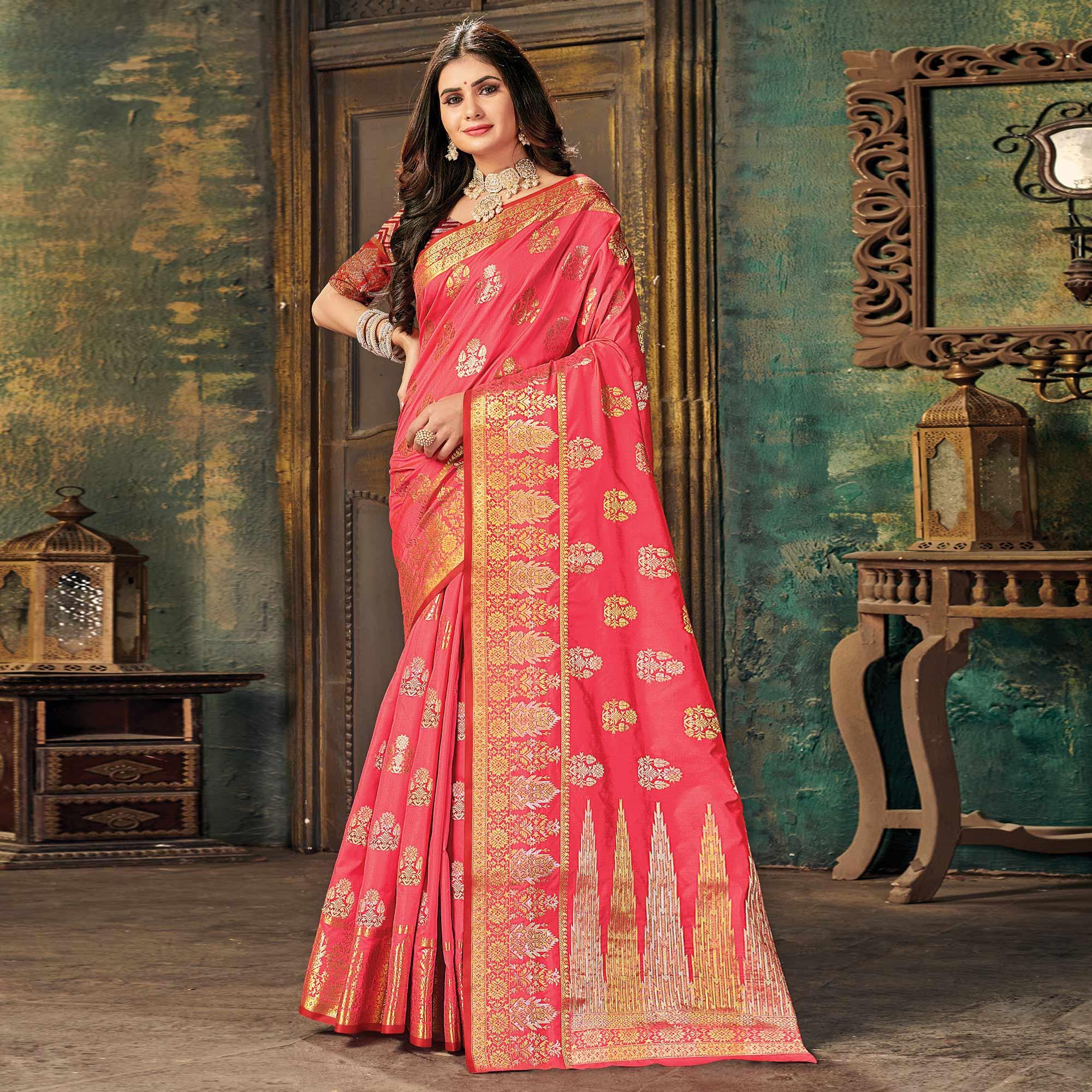 Pink Festive Wear Woven Silk Saree - Peachmode