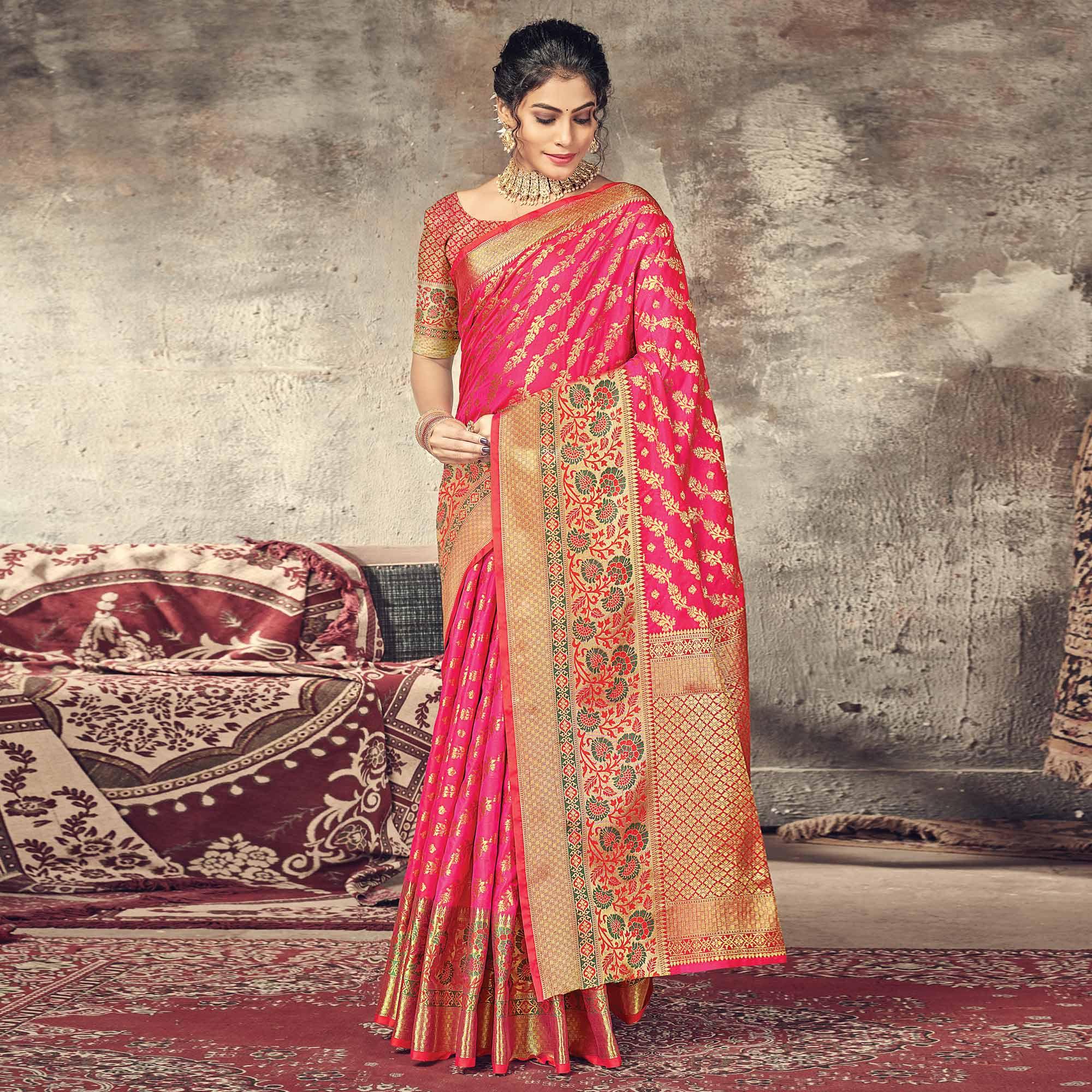 Pink Festive Wear Woven Silk Saree - Peachmode