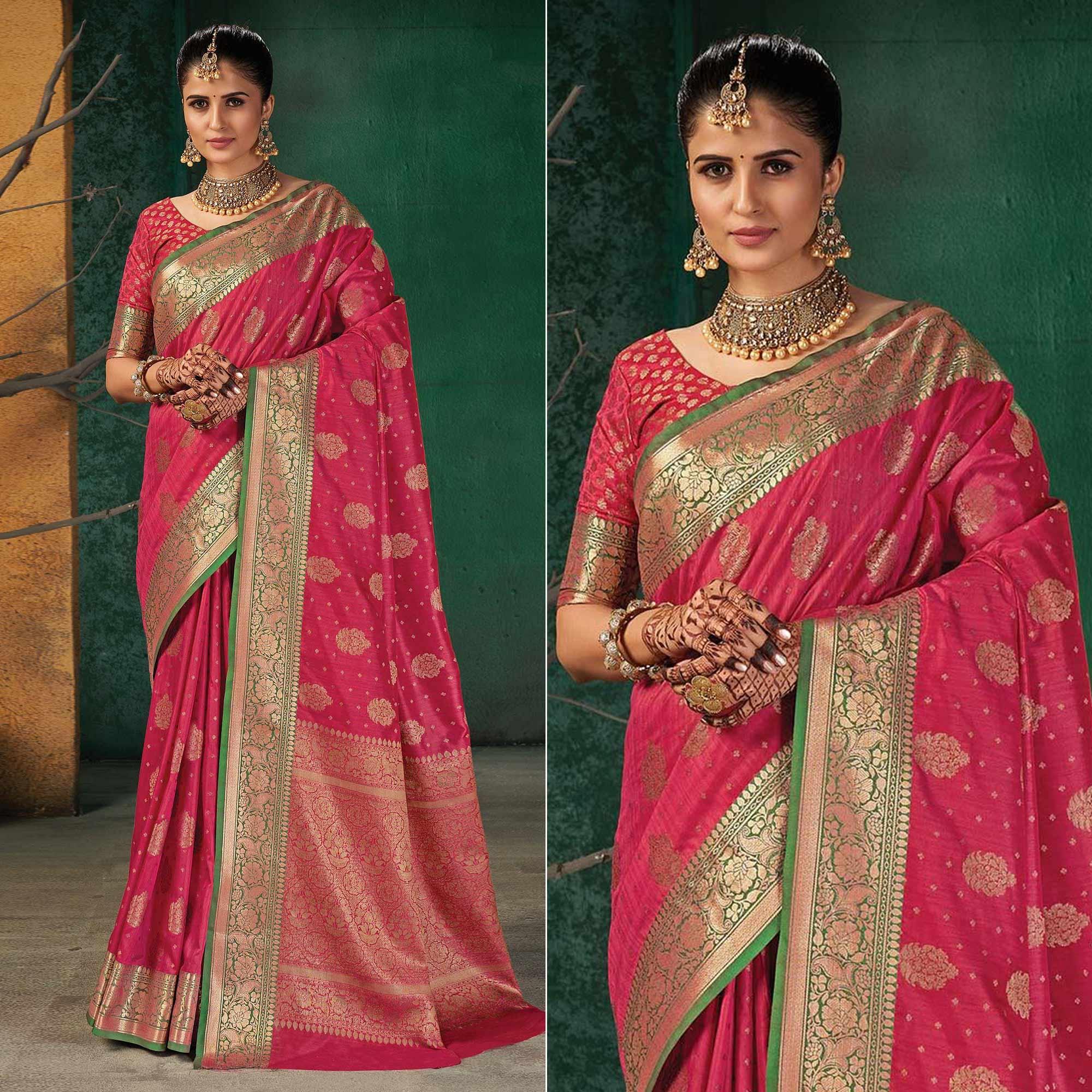 Pink Festive Wear Woven Silk Saree - Peachmode