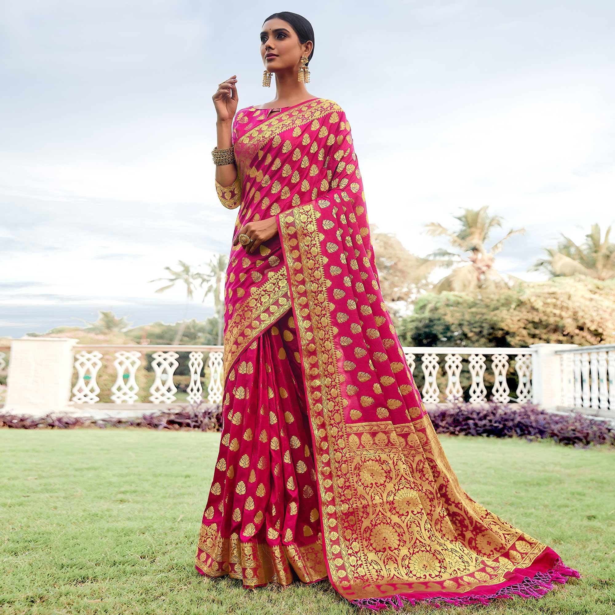 Pink Festive Wear Woven Silk Saree - Peachmode