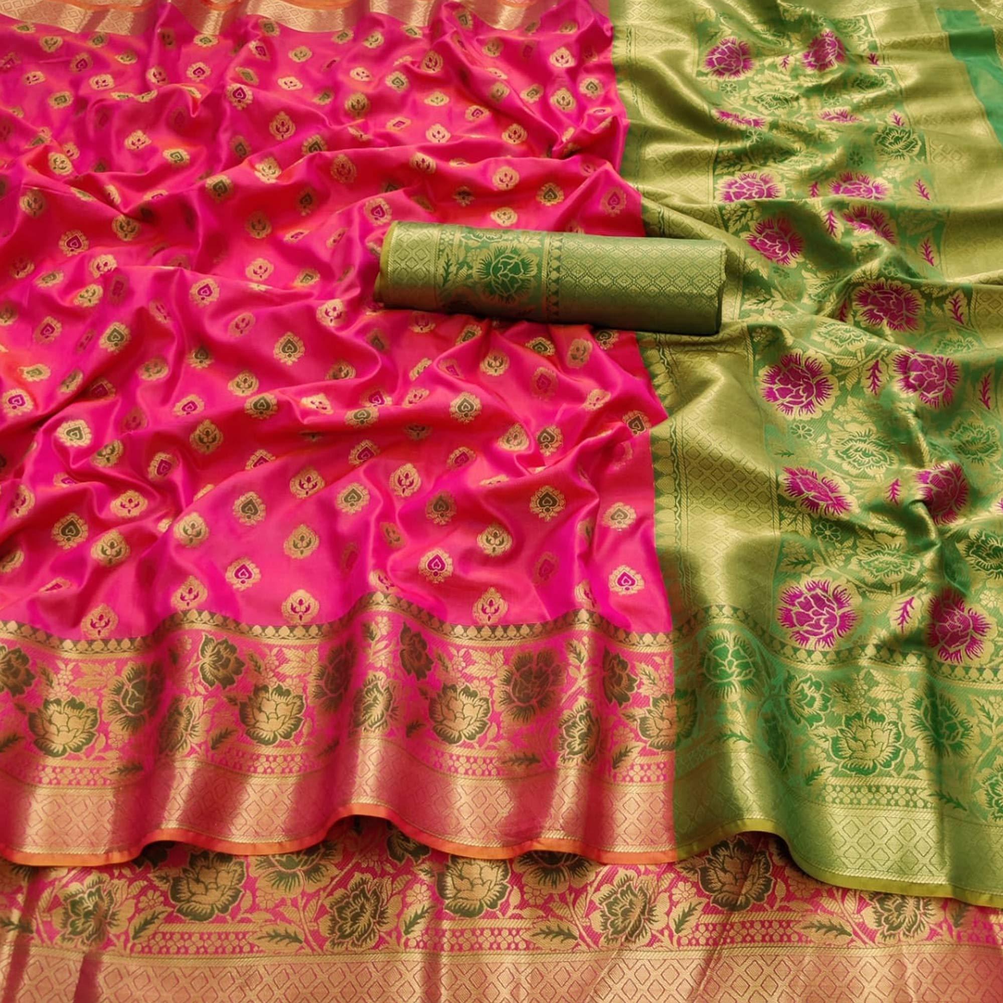 Pink Festive Wear Woven Silk Saree - Peachmode