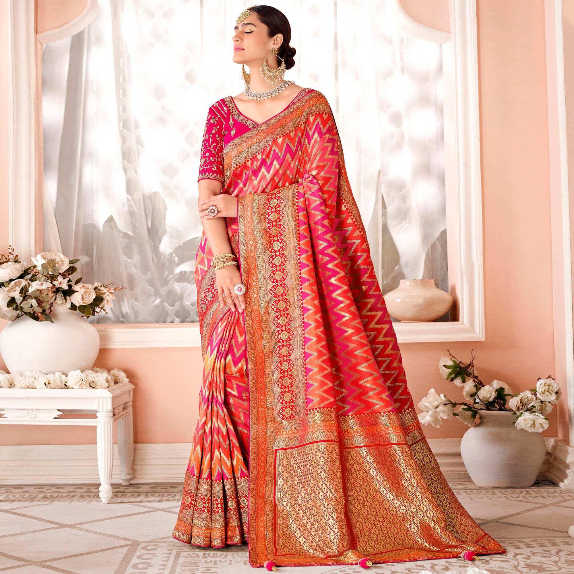 Pink Festive Wear Woven Silk Saree - Peachmode