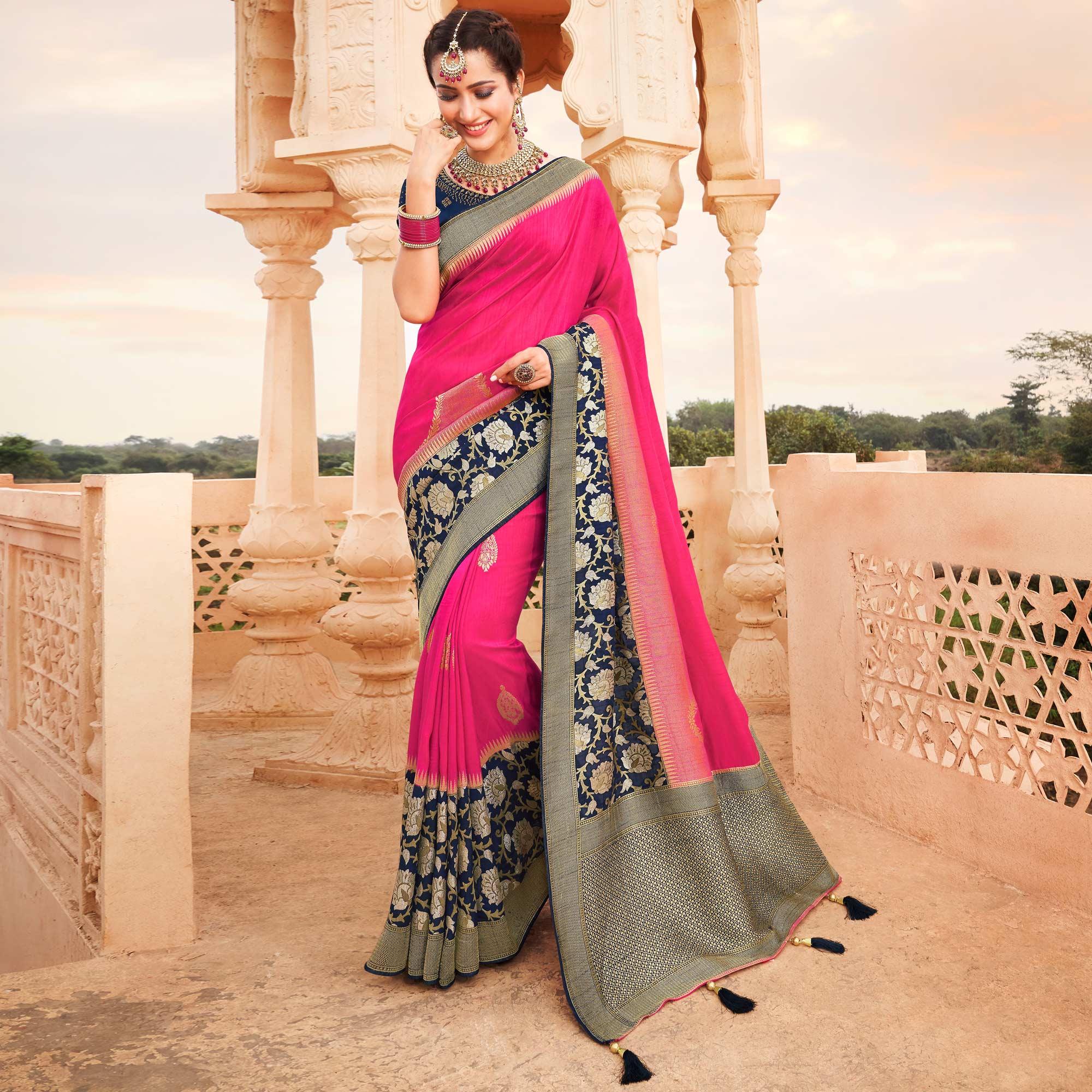 Pink Festive Wear Woven Silk Saree - Peachmode