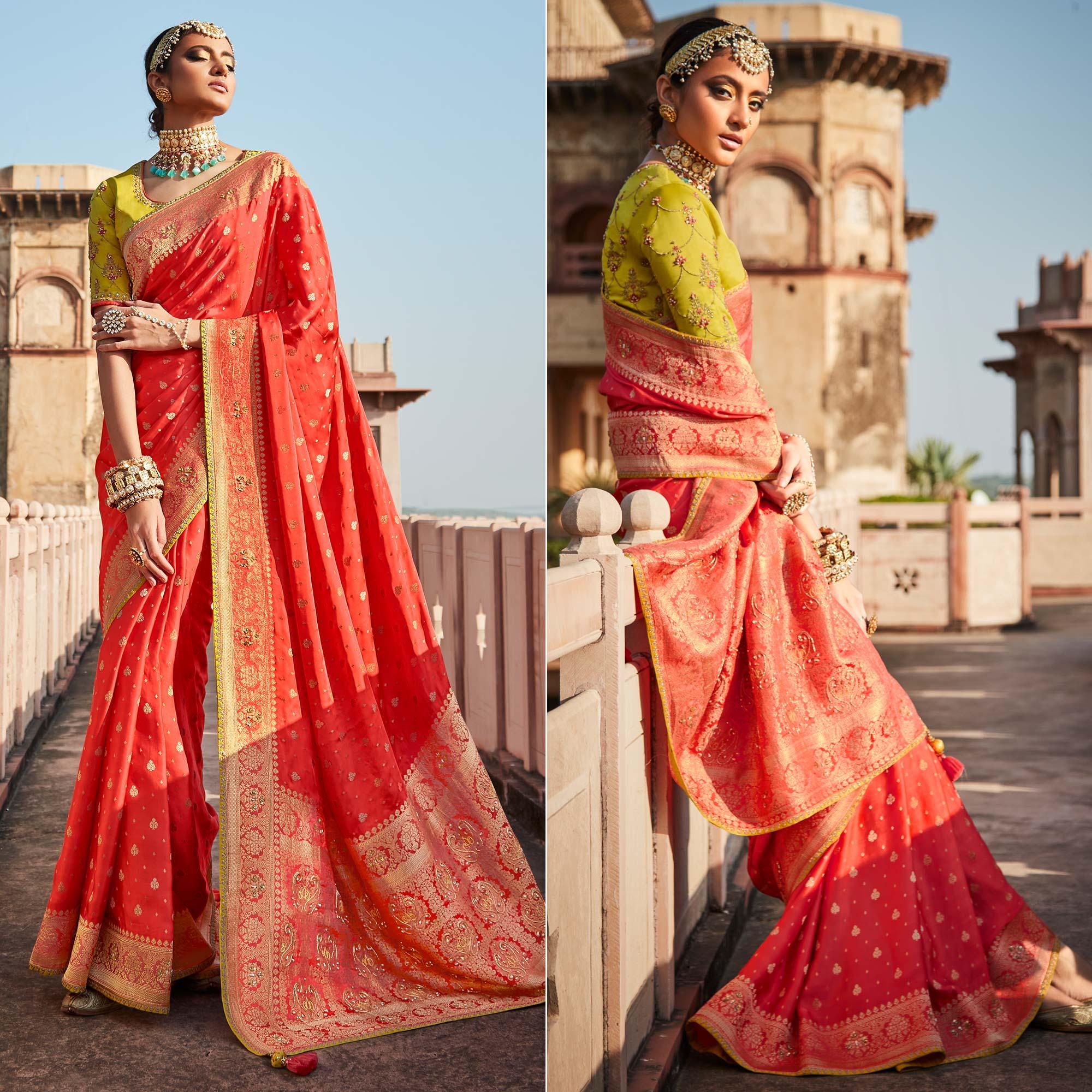 Pink Festive Wear Woven Silk Saree - Peachmode