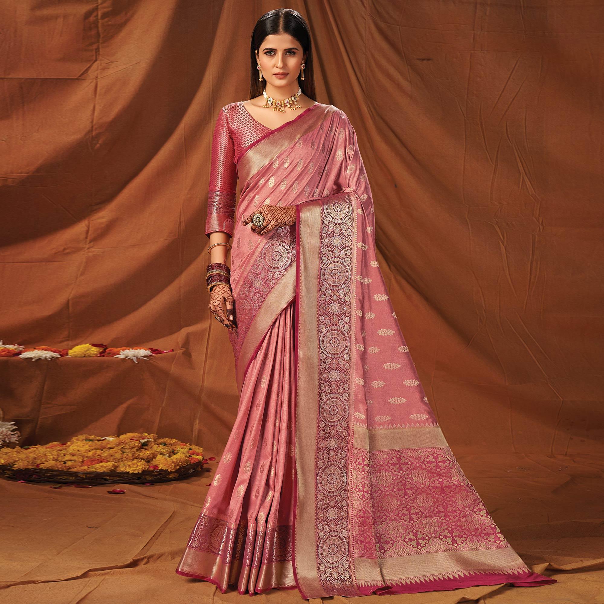 Pink Festive Wear Woven Silk Saree - Peachmode