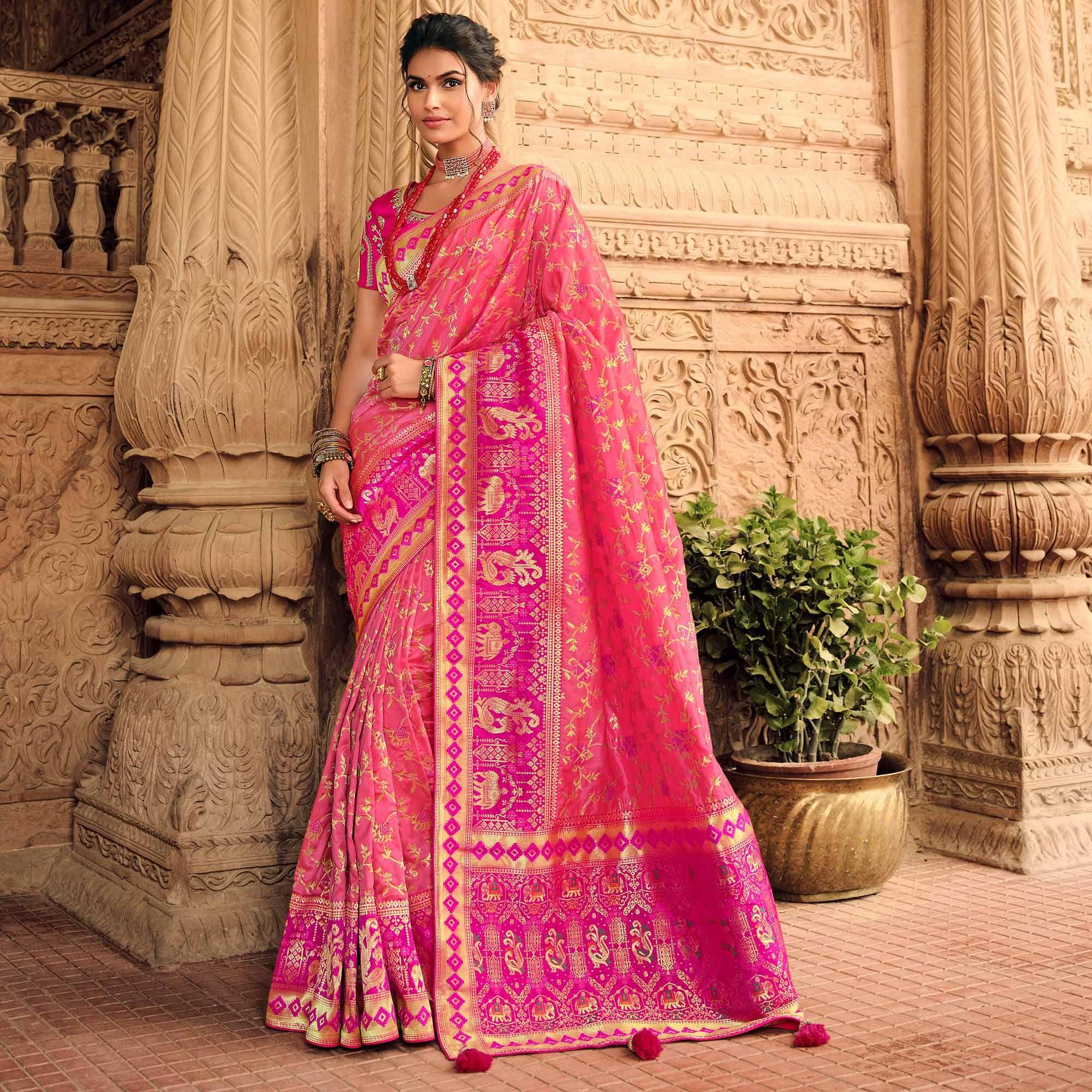 Pink Festive Wear Woven Silk Saree - Peachmode