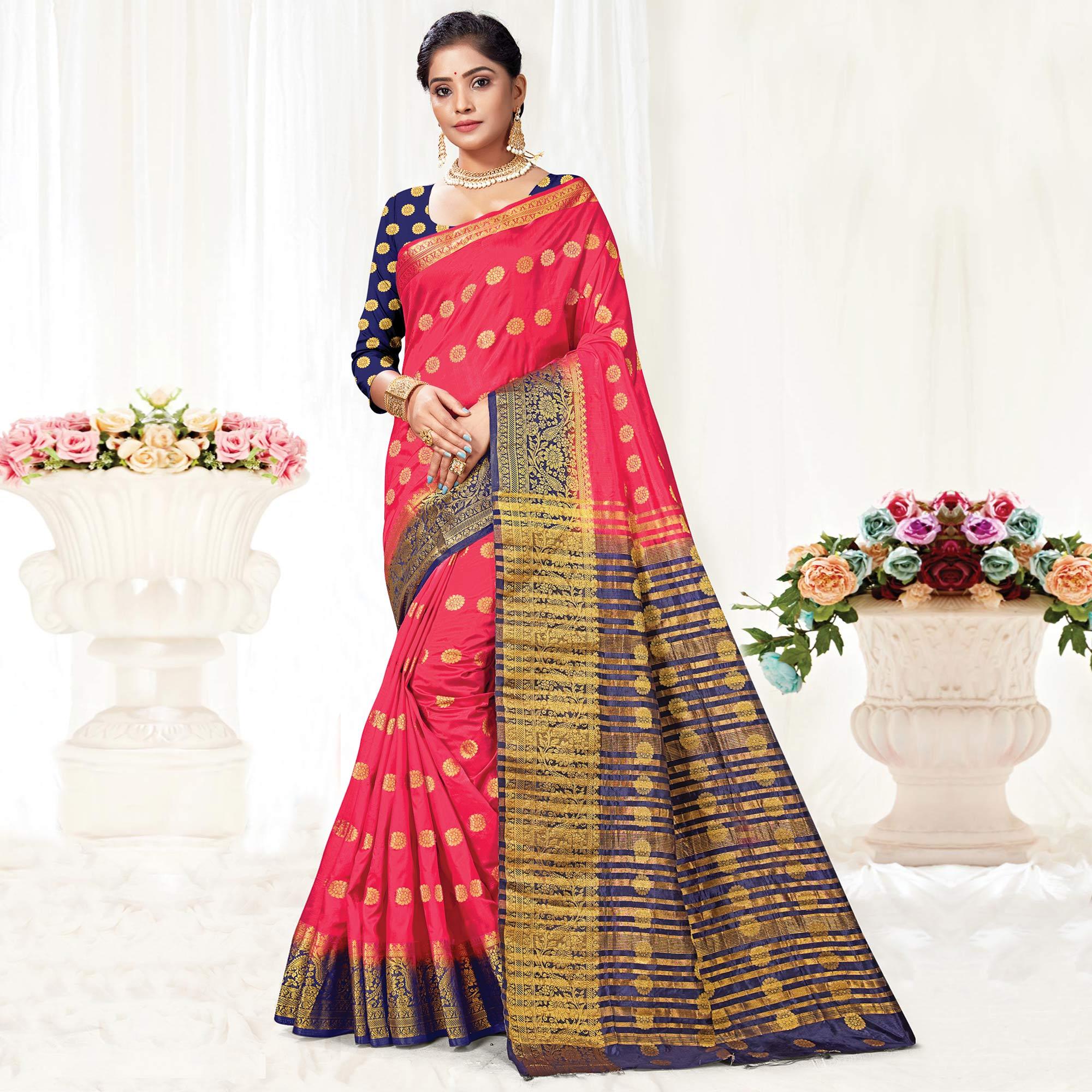 Pink Festive Wear Woven Silk Saree - Peachmode