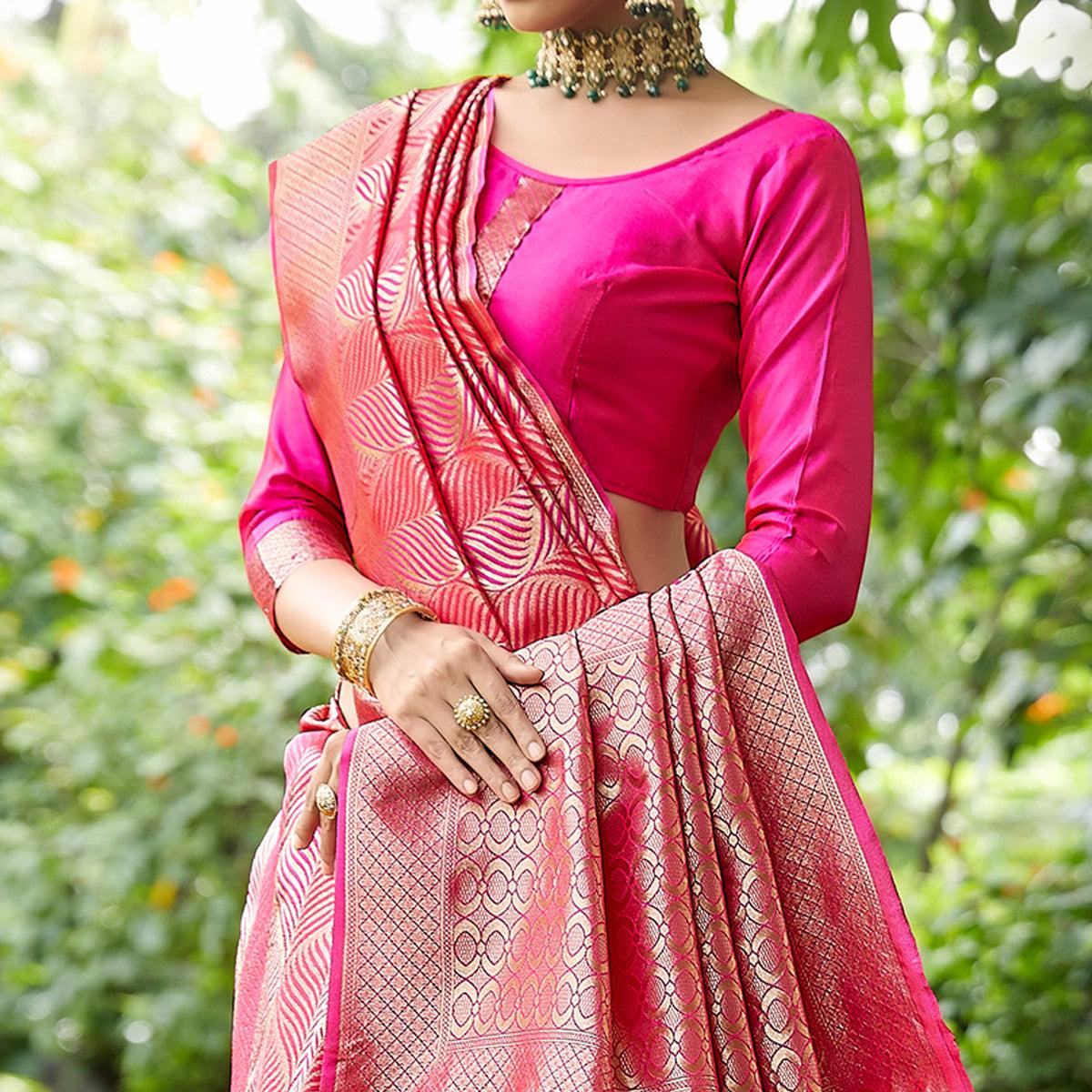 Pink Festive Wear Woven Silk Saree - Peachmode