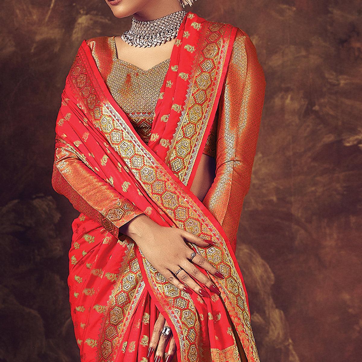 Pink Festive Wear Woven Silk Saree - Peachmode