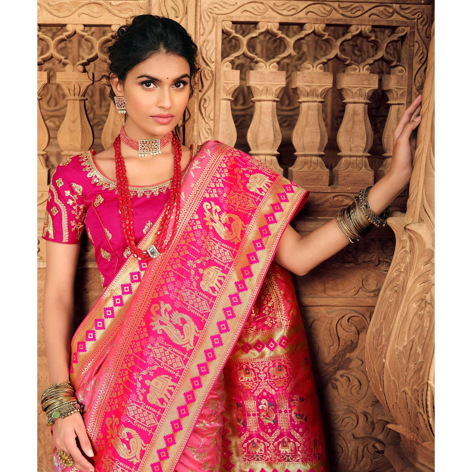 Pink Festive Wear Woven Silk Saree - Peachmode