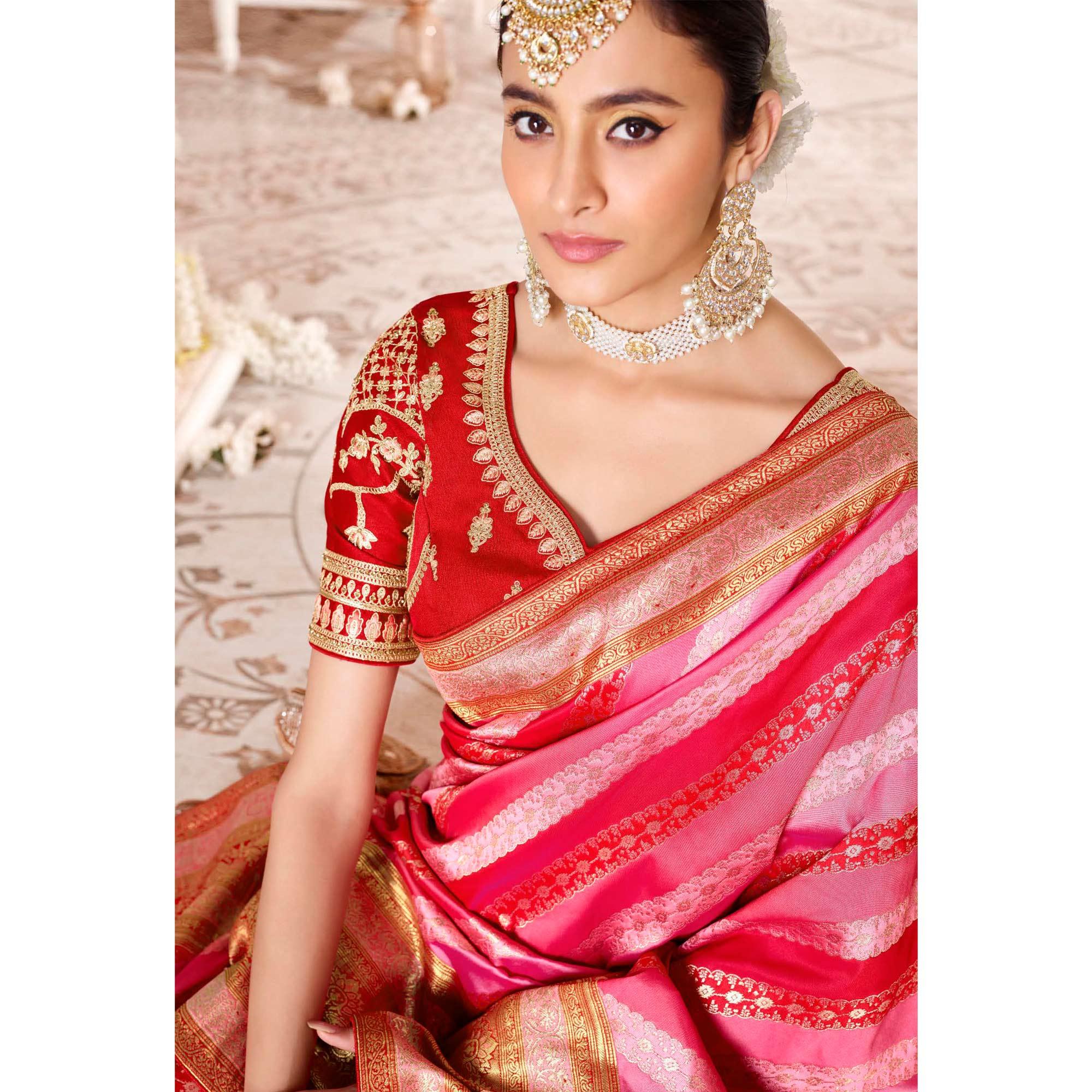 Pink Festive Wear Woven Silk Saree - Peachmode