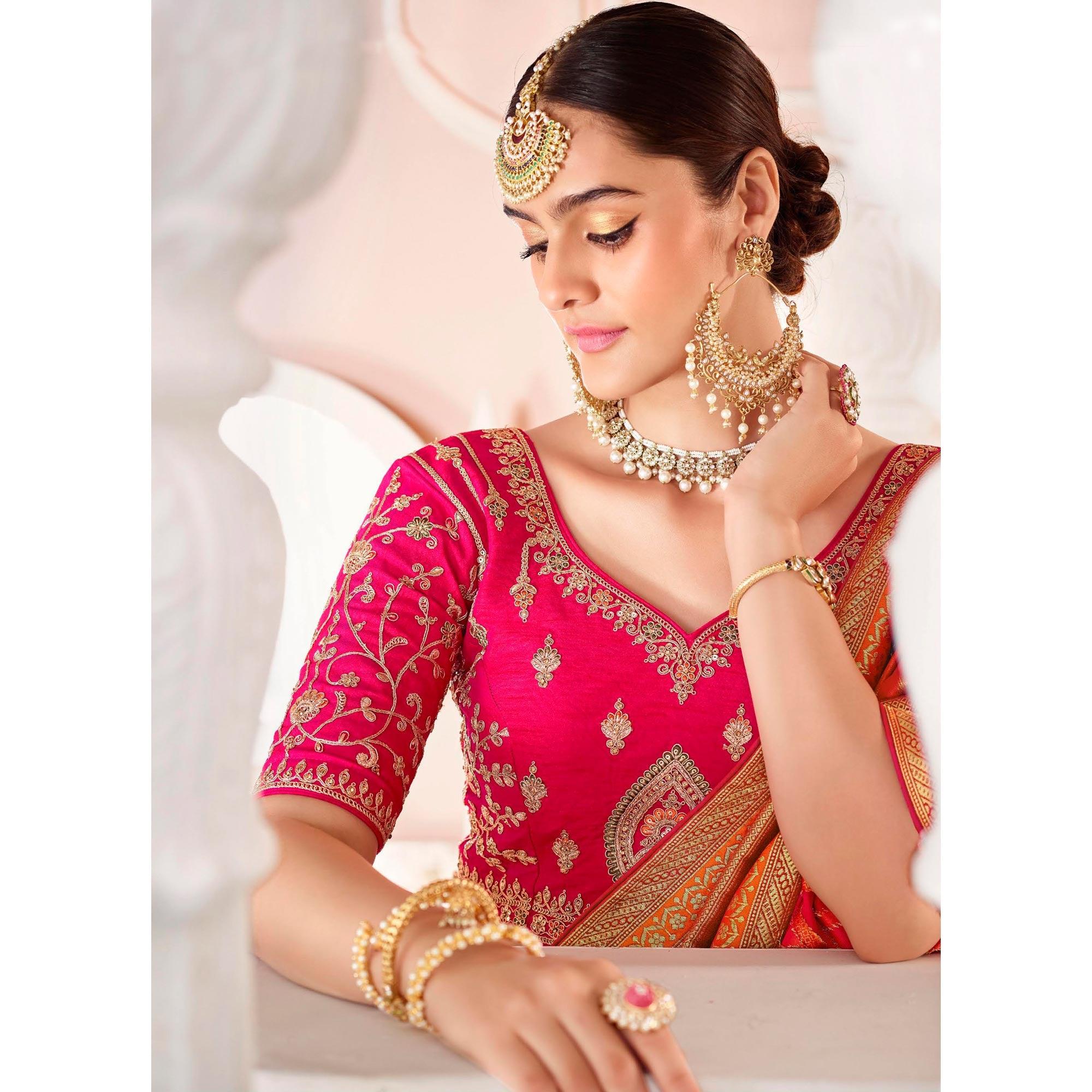 Pink Festive Wear Woven Silk Saree - Peachmode