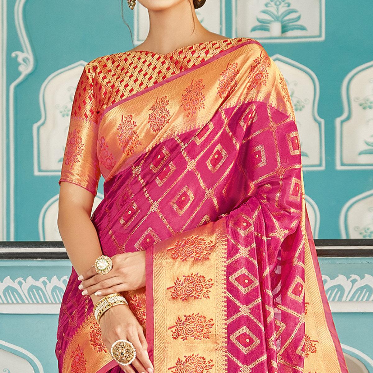 Pink Festive Wear Woven Silk Saree - Peachmode