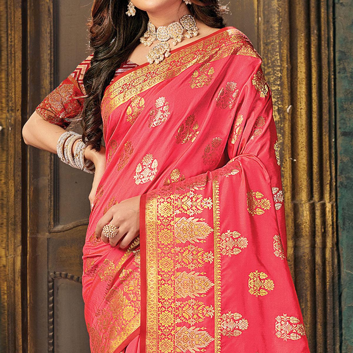 Pink Festive Wear Woven Silk Saree - Peachmode