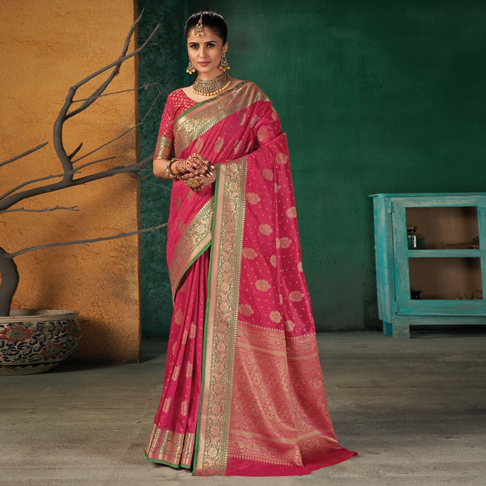 Pink Festive Wear Woven Silk Saree - Peachmode