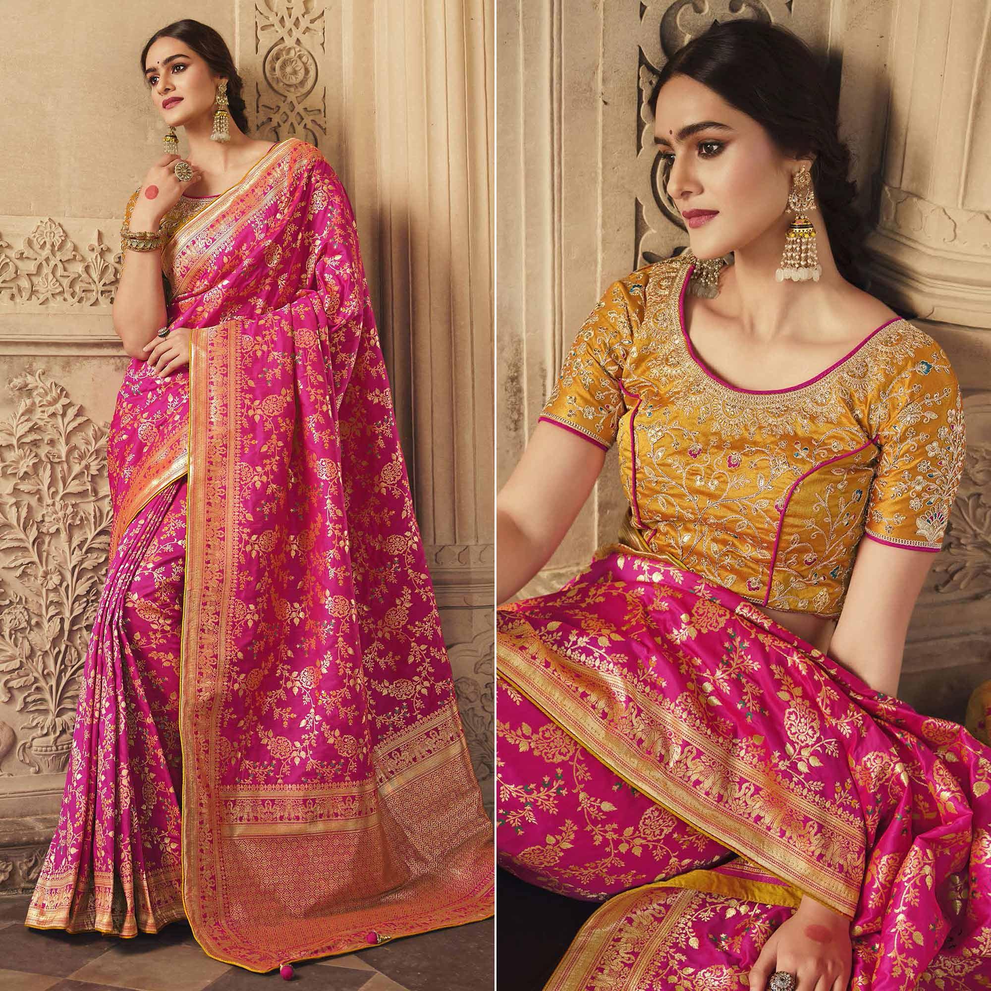 Pink Festive Wear Woven Silk Saree - Peachmode