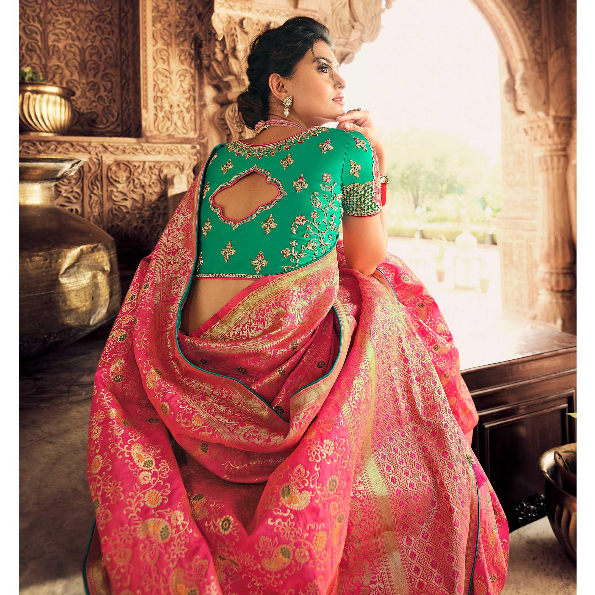 Pink Festive Wear Woven Silk Saree - Peachmode