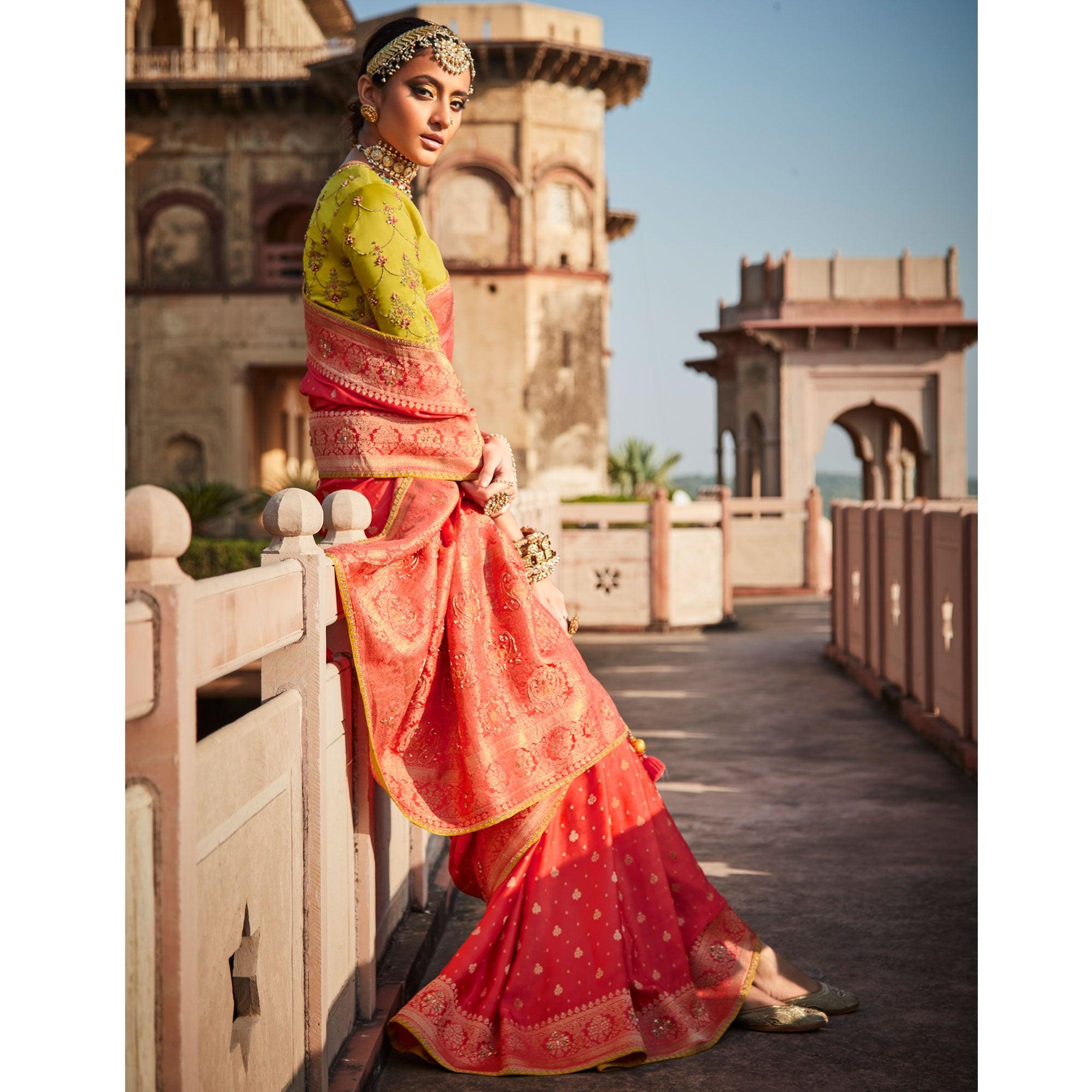 Pink Festive Wear Woven Silk Saree - Peachmode