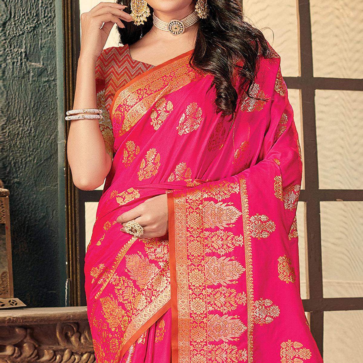 Pink Festive Wear Woven Silk Saree - Peachmode