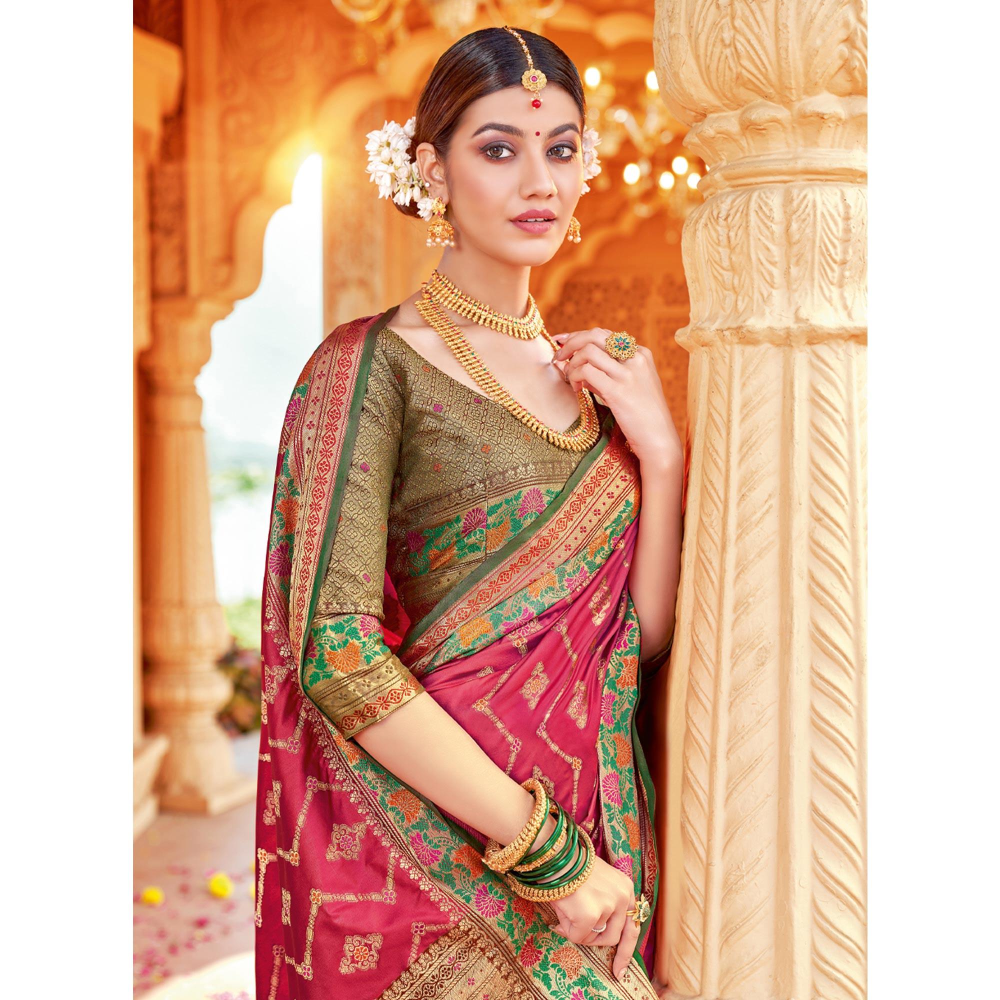 Pink Festive Wear Woven Silk Saree - Peachmode
