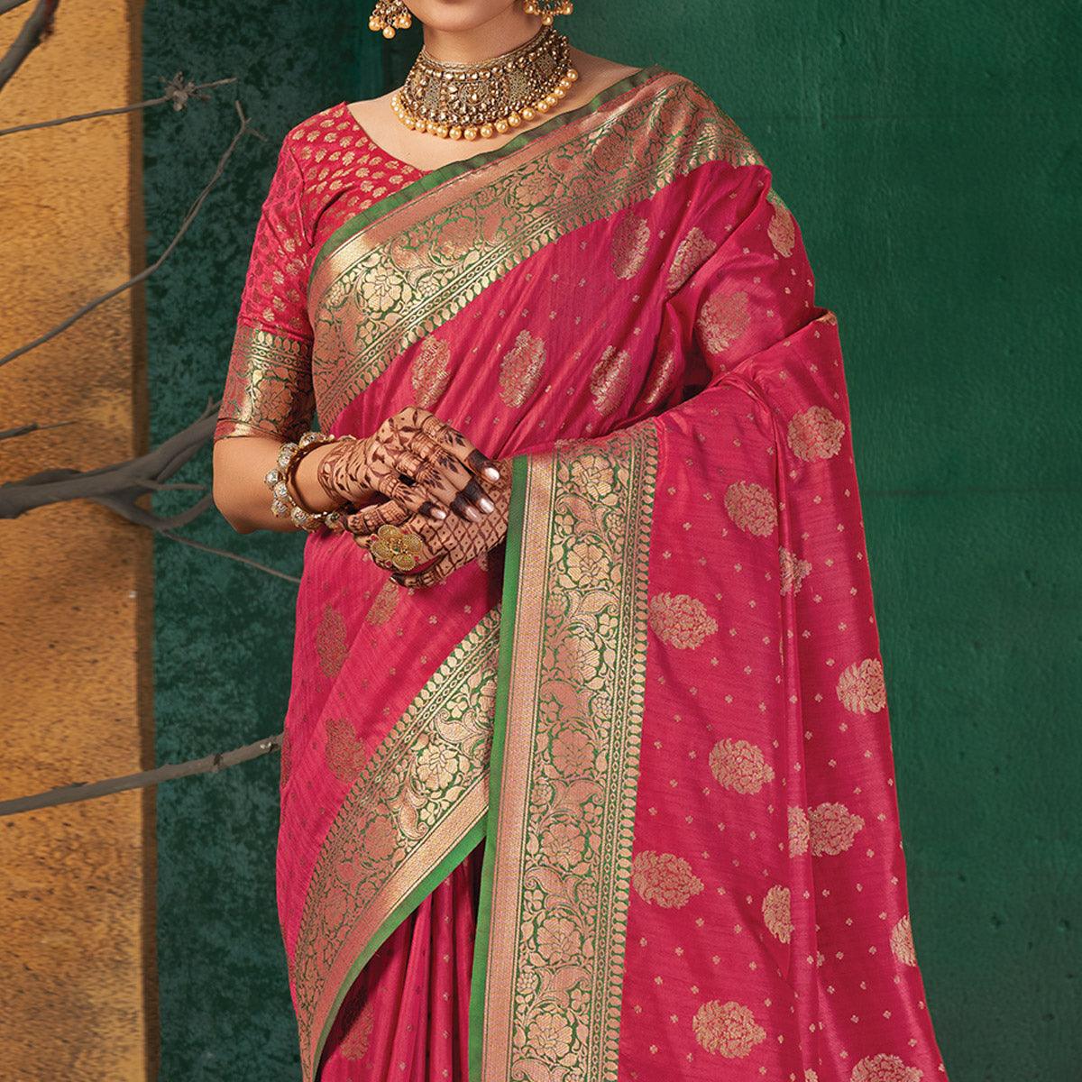 Pink Festive Wear Woven Silk Saree - Peachmode