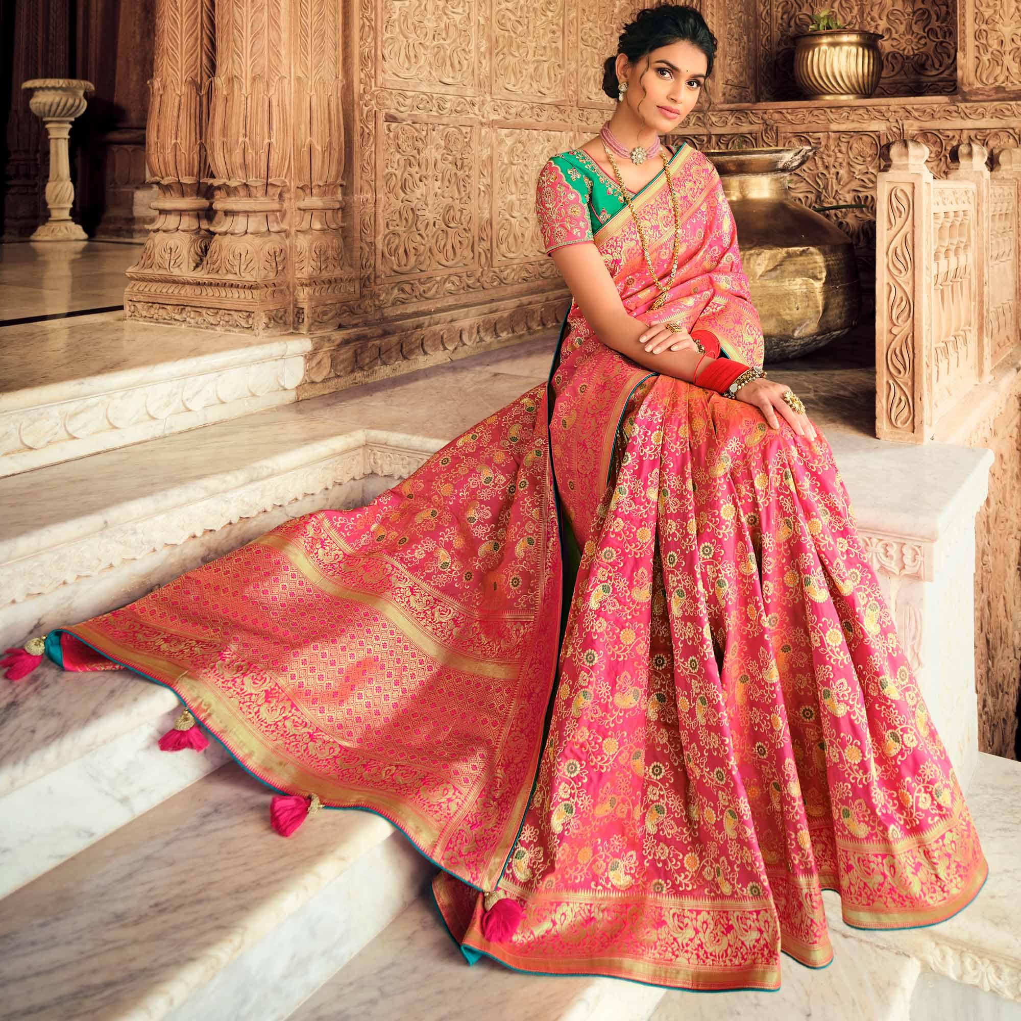 Pink Festive Wear Woven Silk Saree - Peachmode