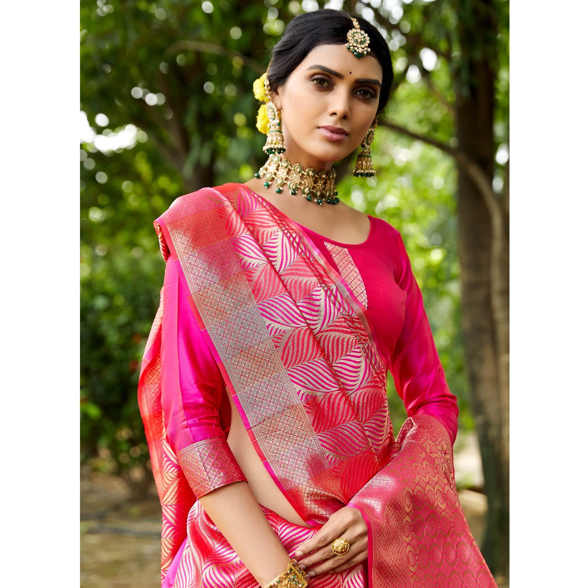 Pink Festive Wear Woven Silk Saree - Peachmode