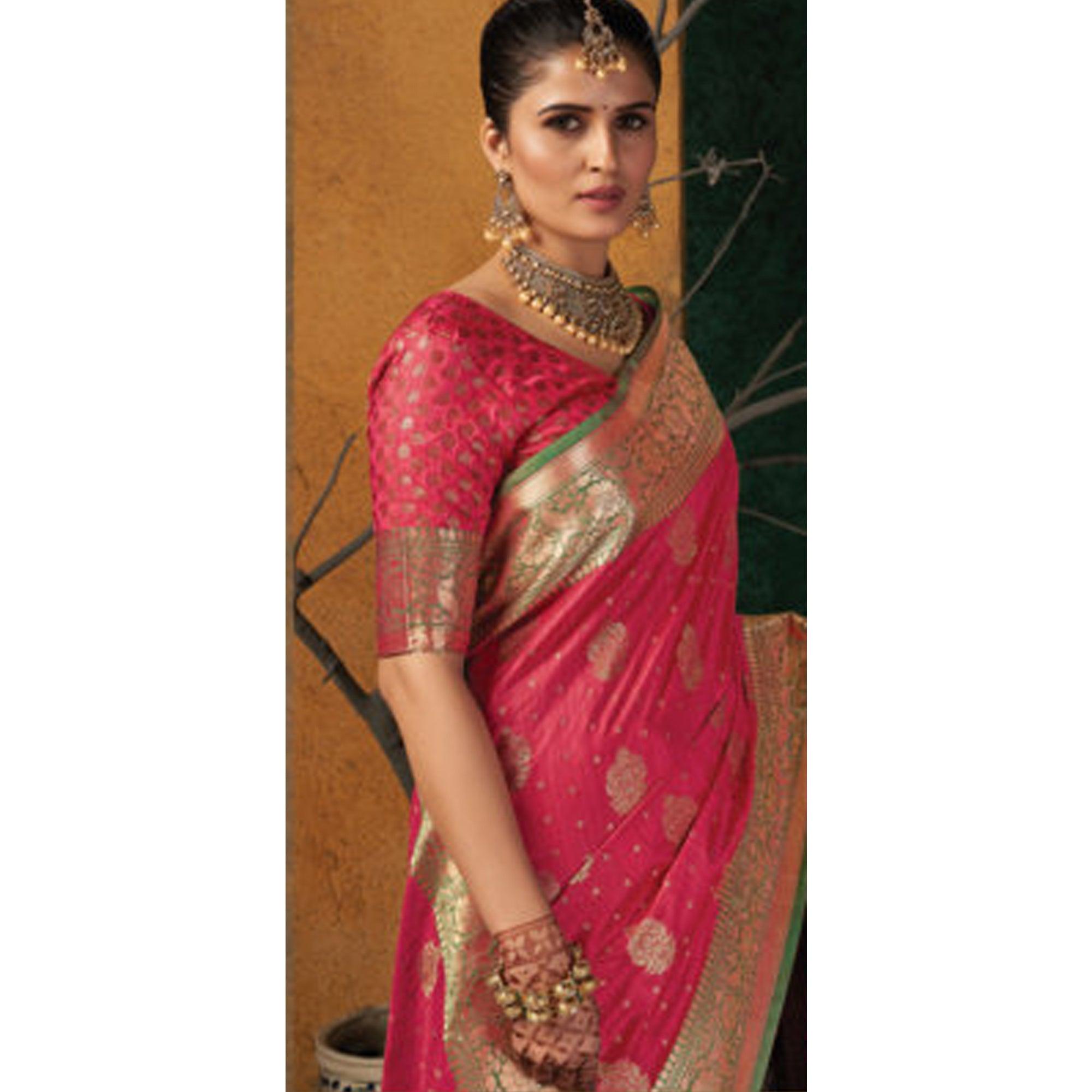 Pink Festive Wear Woven Silk Saree - Peachmode