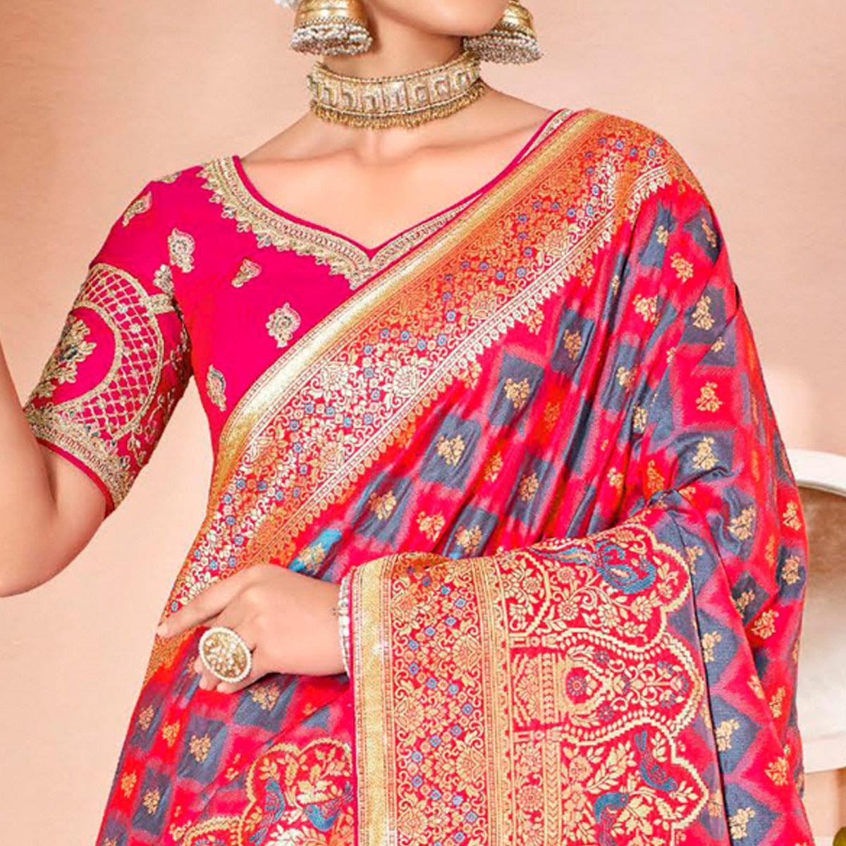 Pink Festive Wear Woven Silk Saree - Peachmode