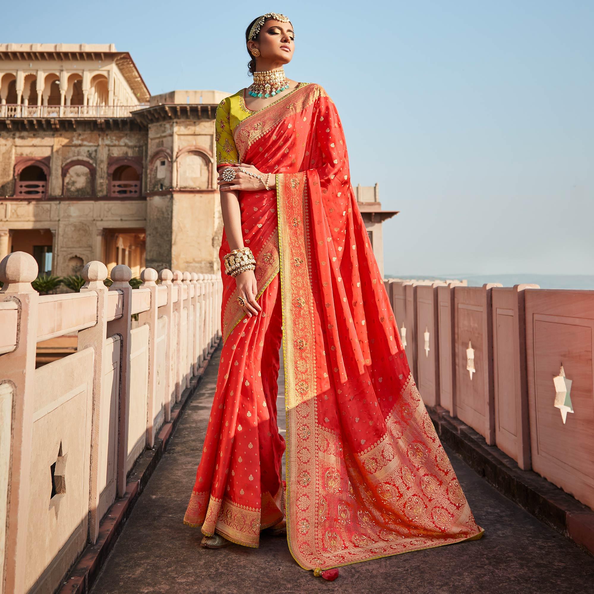 Pink Festive Wear Woven Silk Saree - Peachmode