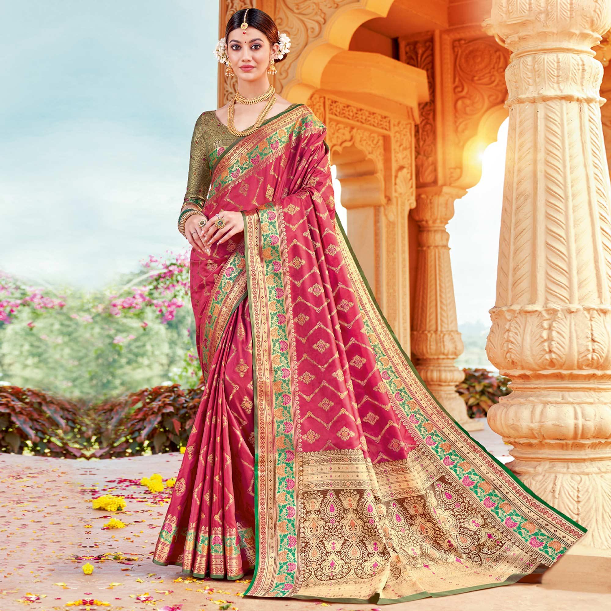 Pink Festive Wear Woven Silk Saree - Peachmode