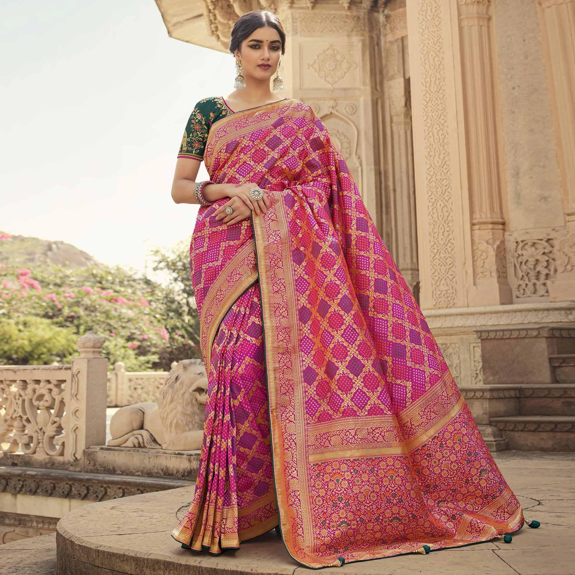 Pink Festive Wear Woven Silk Saree - Peachmode
