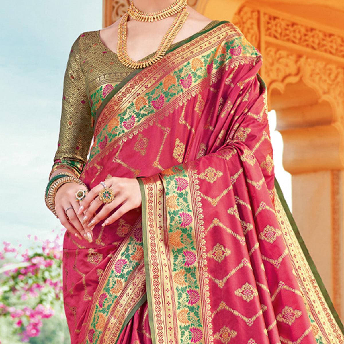 Pink Festive Wear Woven Silk Saree - Peachmode
