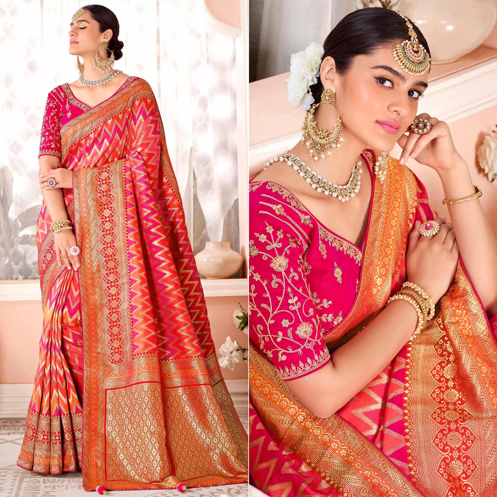 Pink Festive Wear Woven Silk Saree - Peachmode