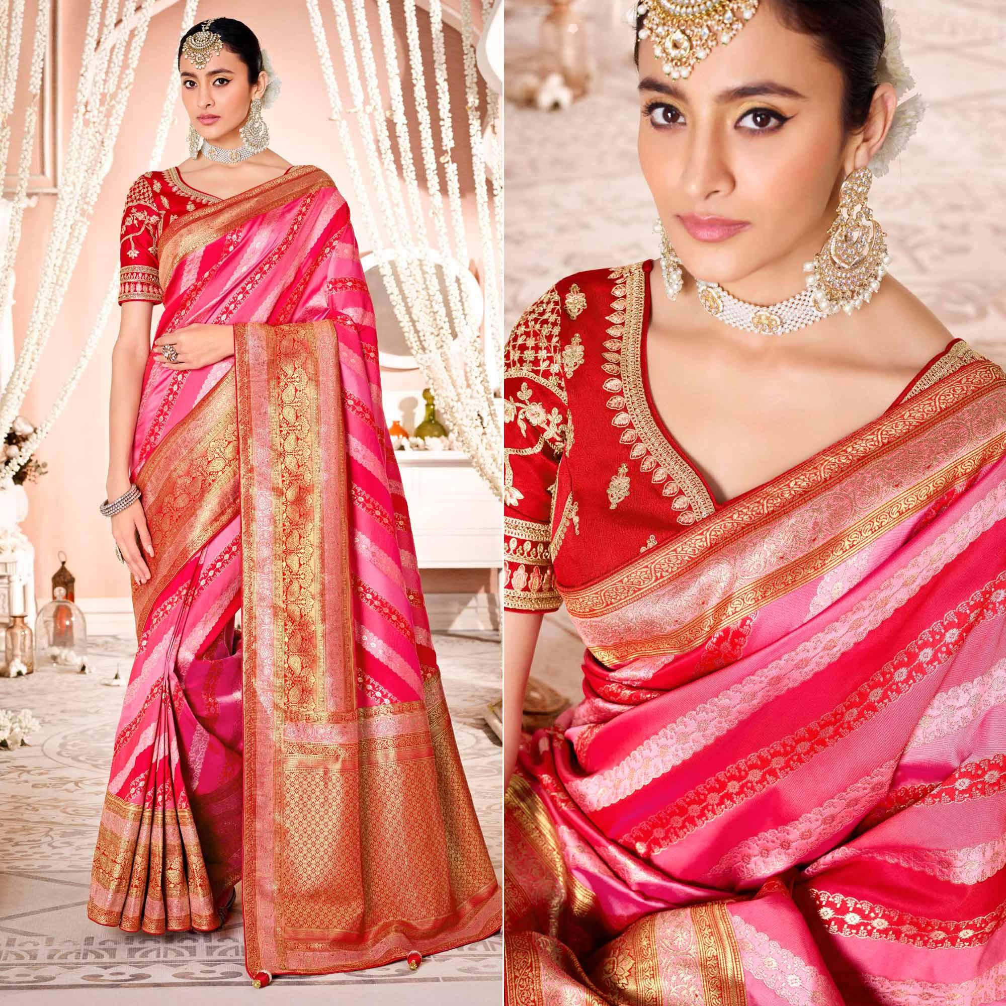 Pink Festive Wear Woven Silk Saree - Peachmode
