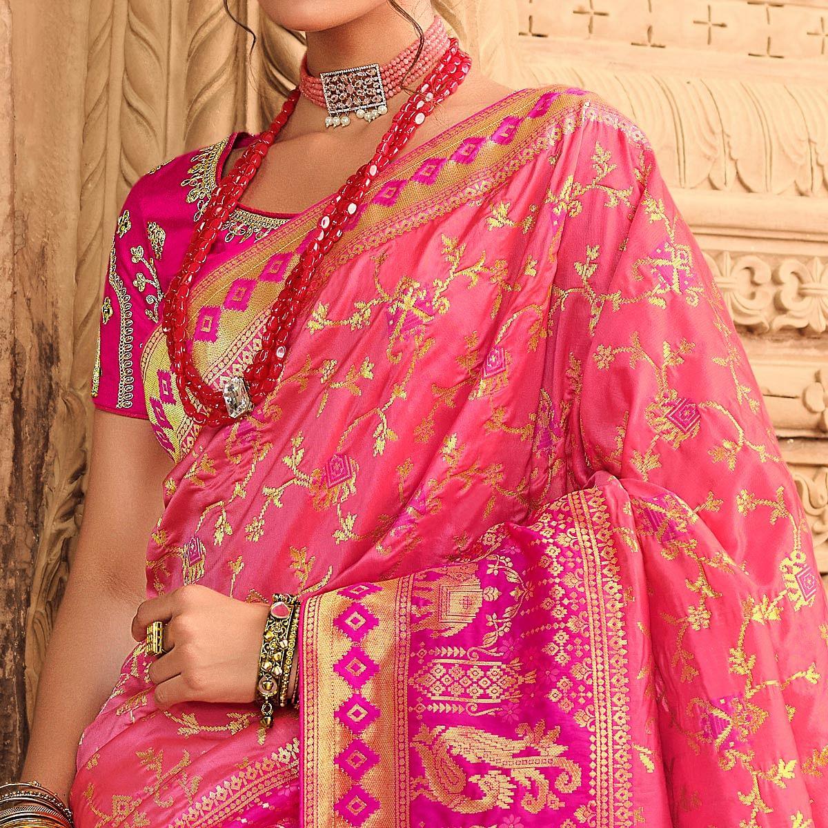 Pink Festive Wear Woven Silk Saree - Peachmode
