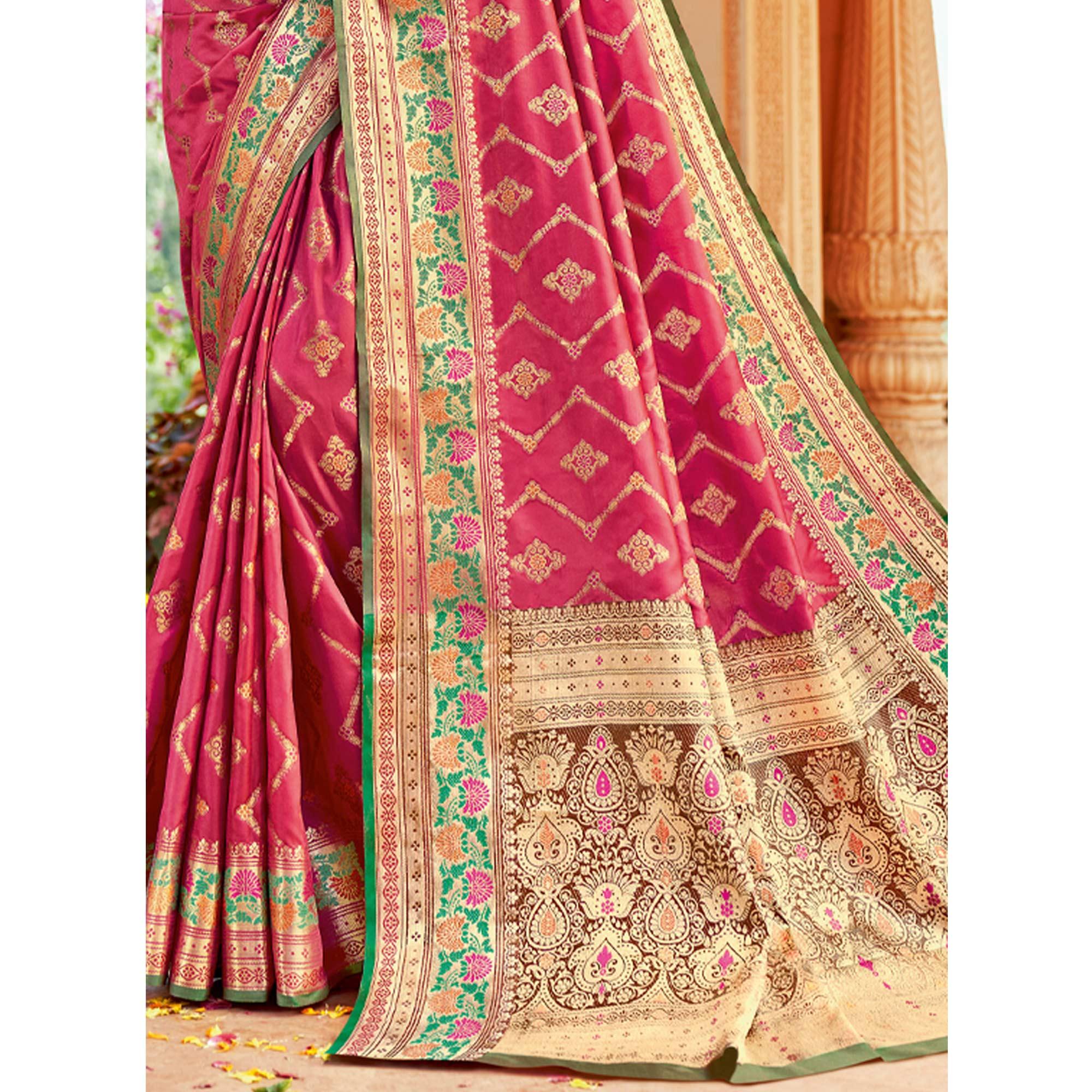 Pink Festive Wear Woven Silk Saree - Peachmode