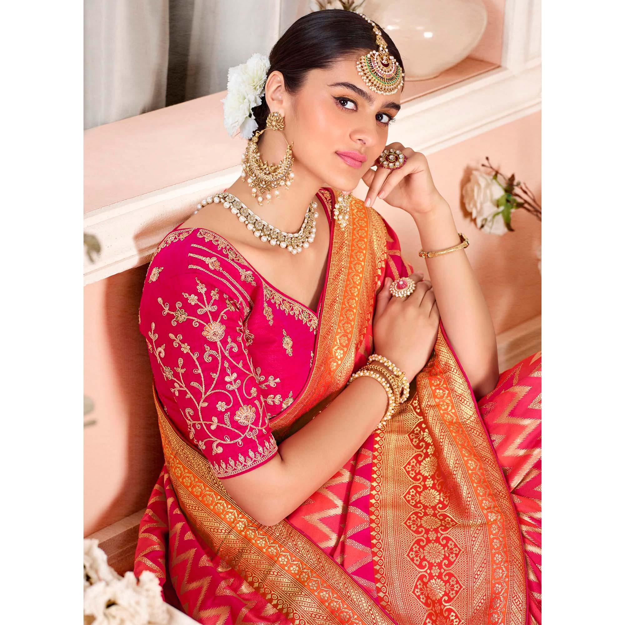 Pink Festive Wear Woven Silk Saree - Peachmode