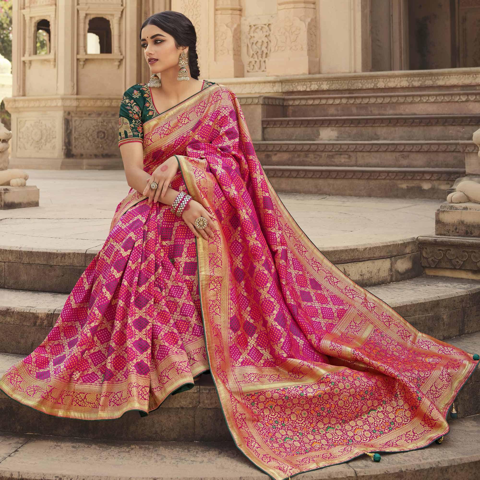 Pink Festive Wear Woven Silk Saree - Peachmode