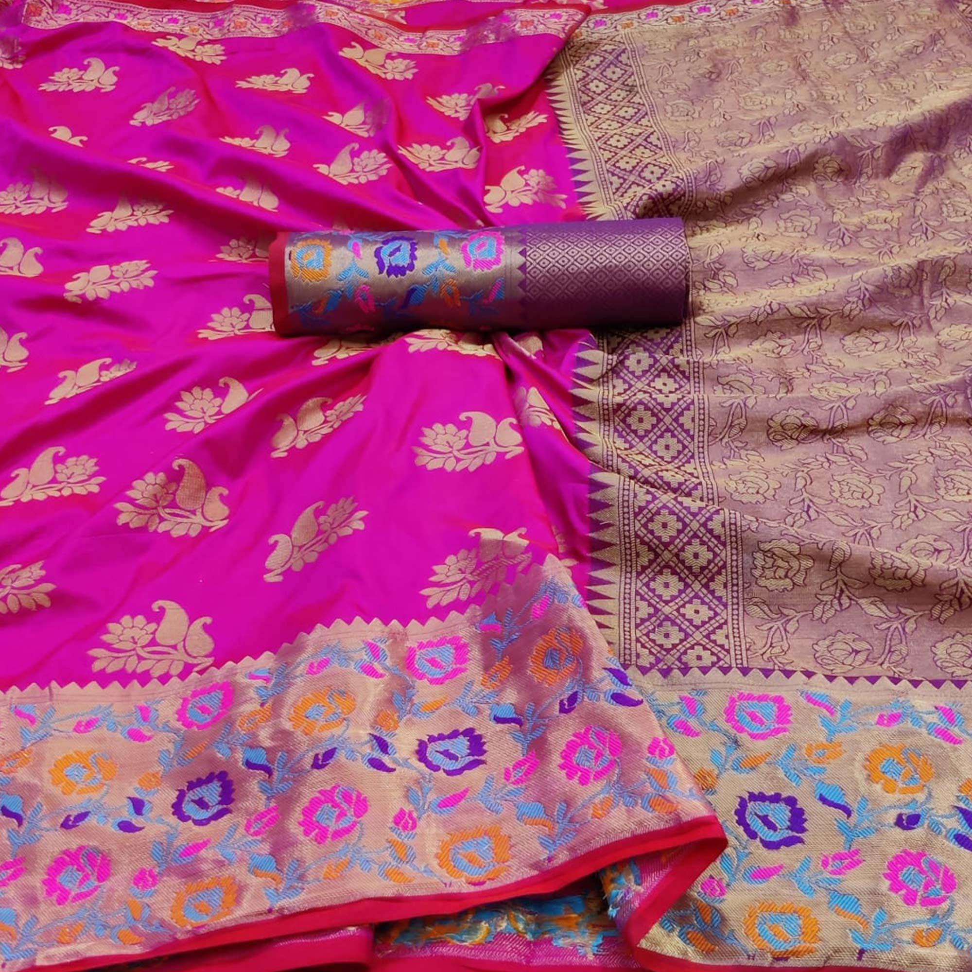 Pink Festive Wear Woven Silk Saree With Border - Peachmode