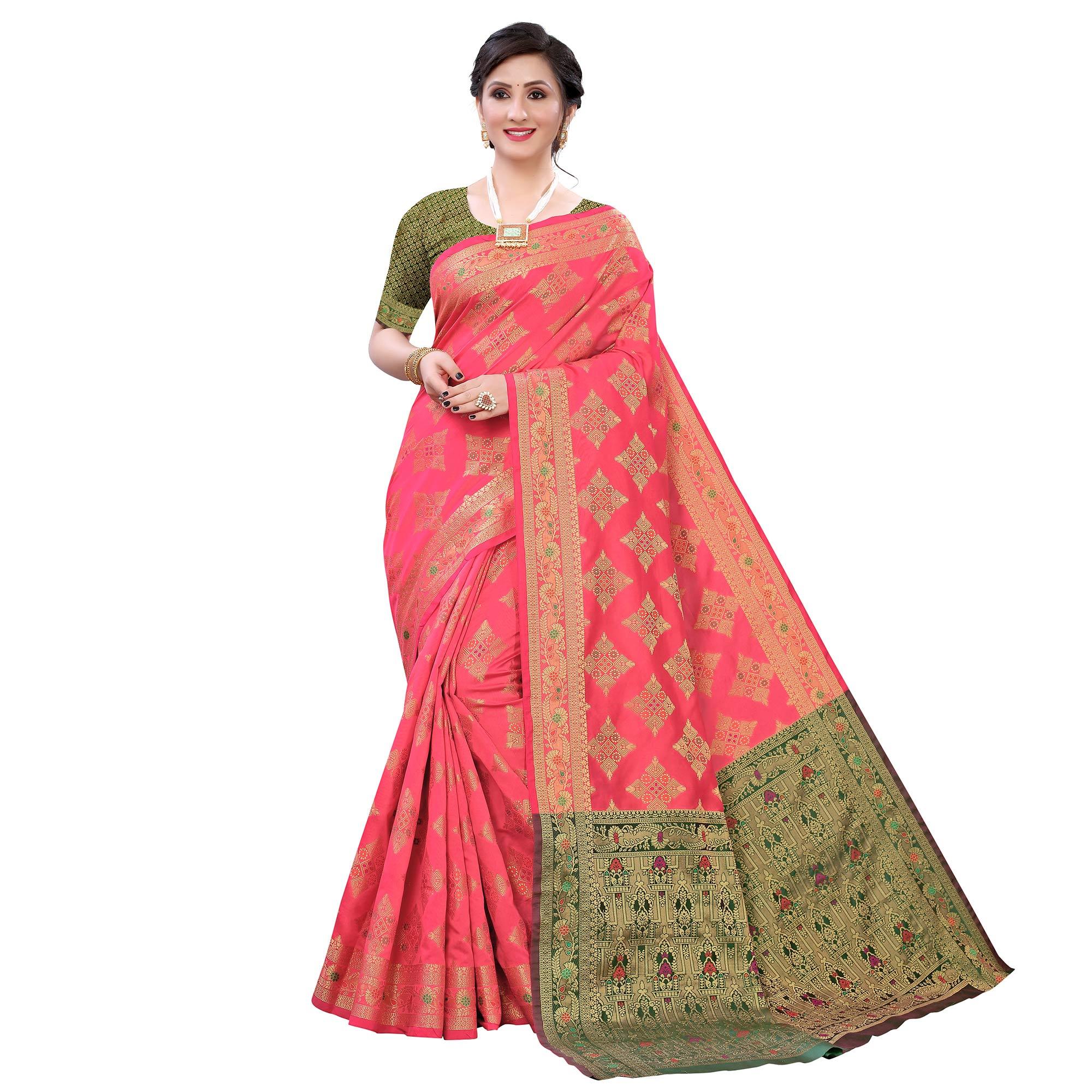 Pink Festive Wear Woven Silk Saree With Meena Butta Rich Pallu - Peachmode