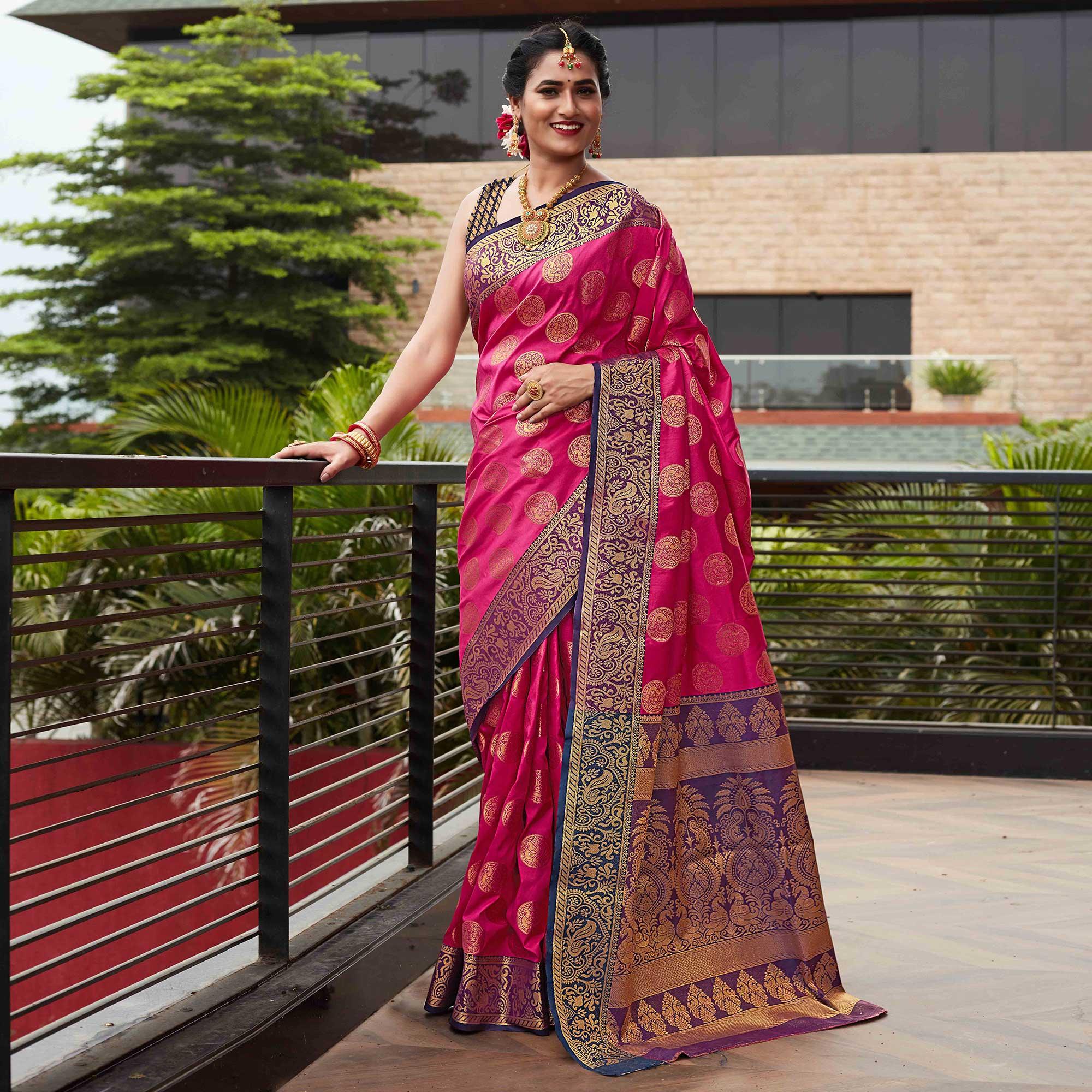 Pink Festive Wear Woven Silk Saree With Meena Butta Rich Pallu - Peachmode