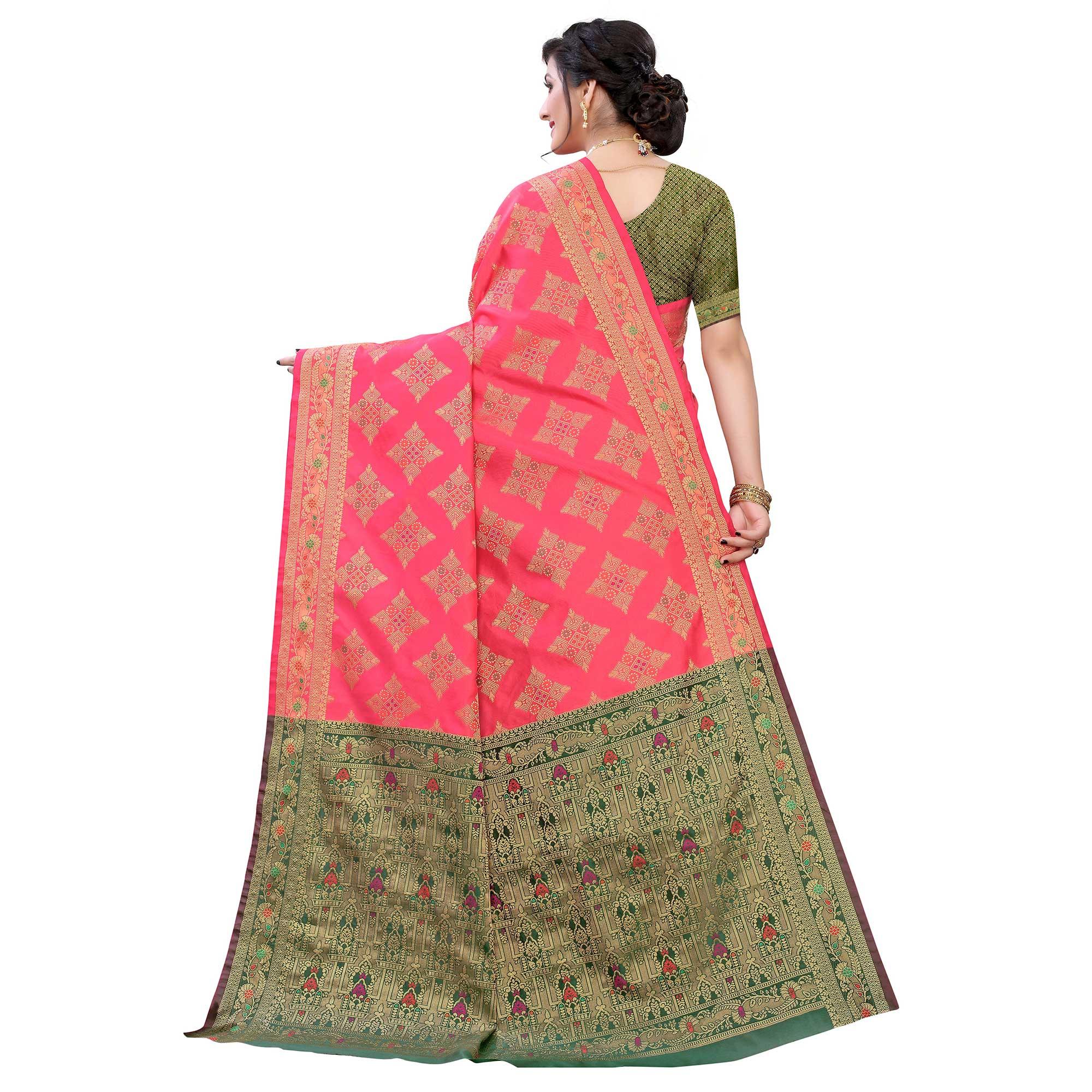 Pink Festive Wear Woven Silk Saree With Meena Butta Rich Pallu - Peachmode