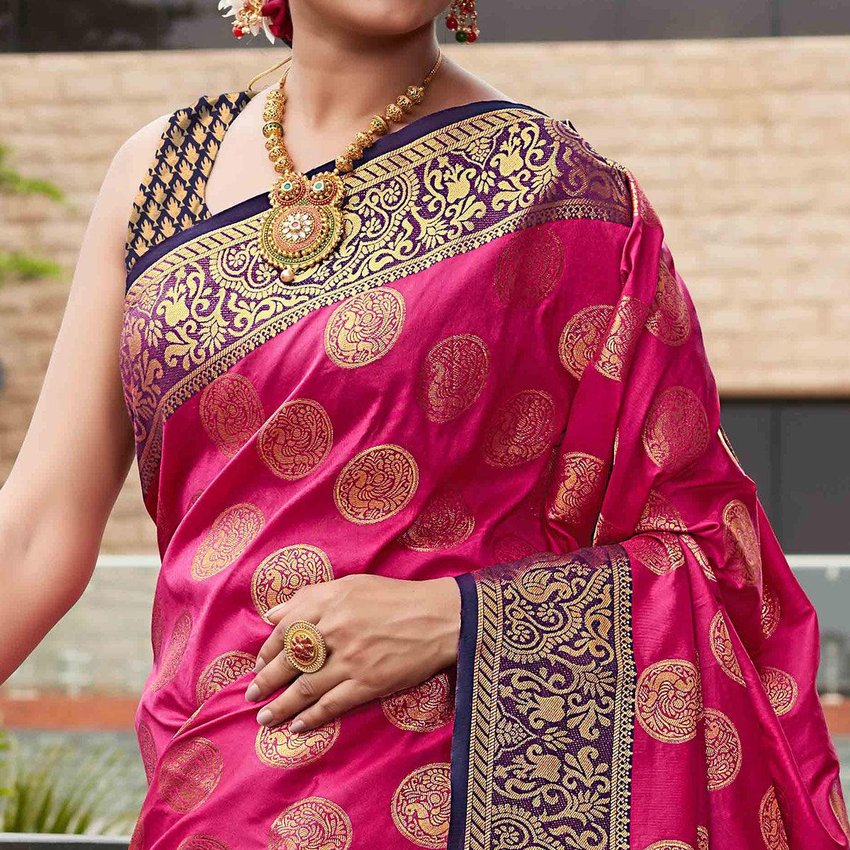 Pink Festive Wear Woven Silk Saree With Meena Butta Rich Pallu - Peachmode