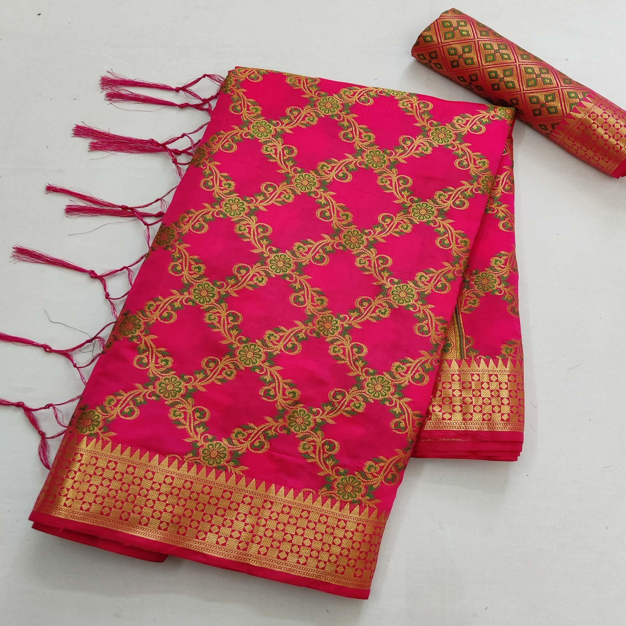 Pink Festive Wear Woven Silk Saree With Meena Butta Rich Pallu - Peachmode