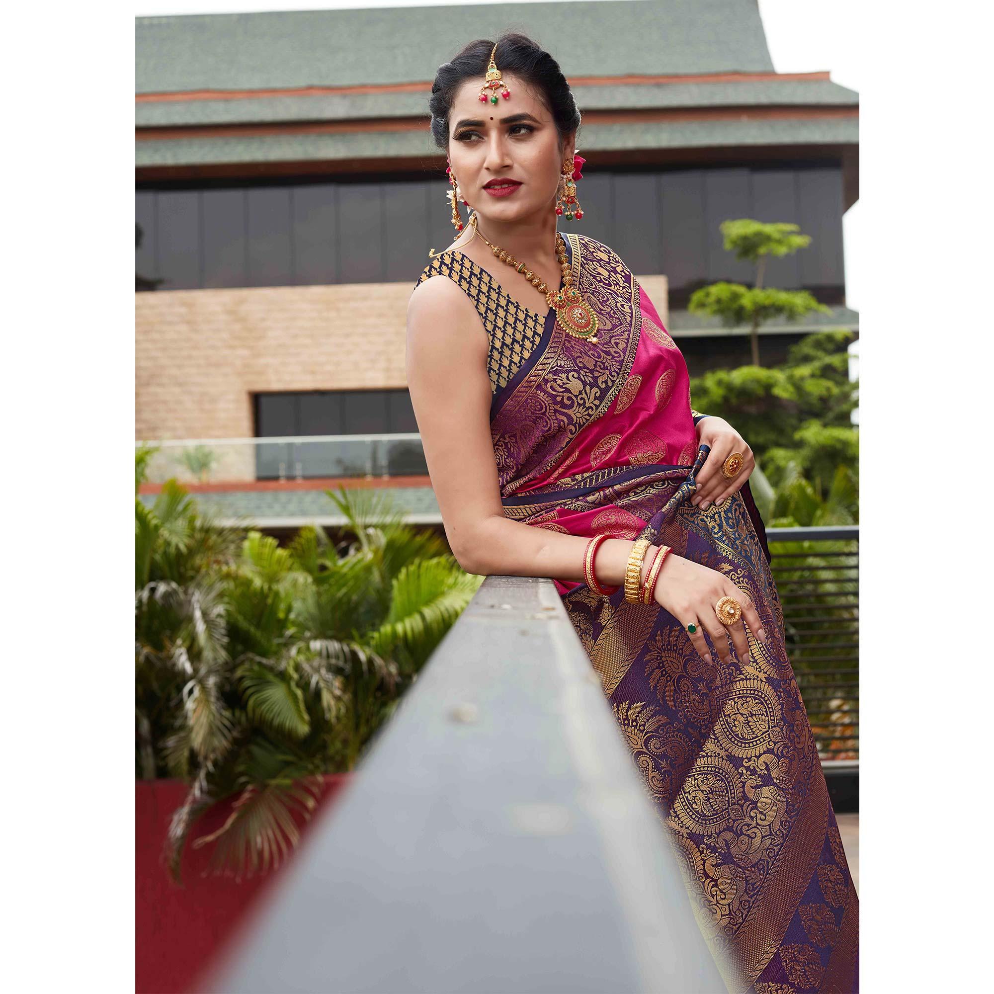 Pink Festive Wear Woven Silk Saree With Meena Butta Rich Pallu - Peachmode